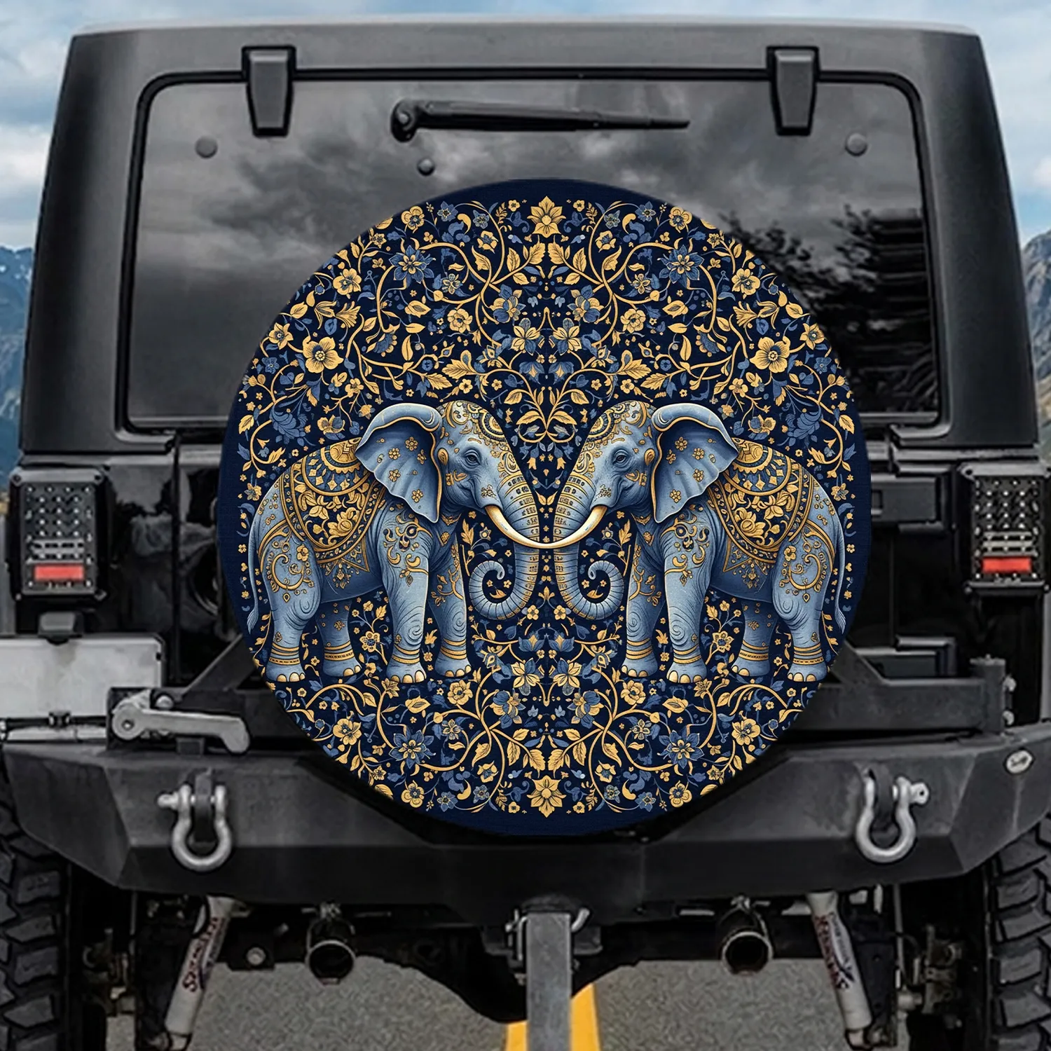 Regal Mirrored Elephants Golden Filigree Blue Floral - Wildlife Lover Gift Spare Tire Cover - 1