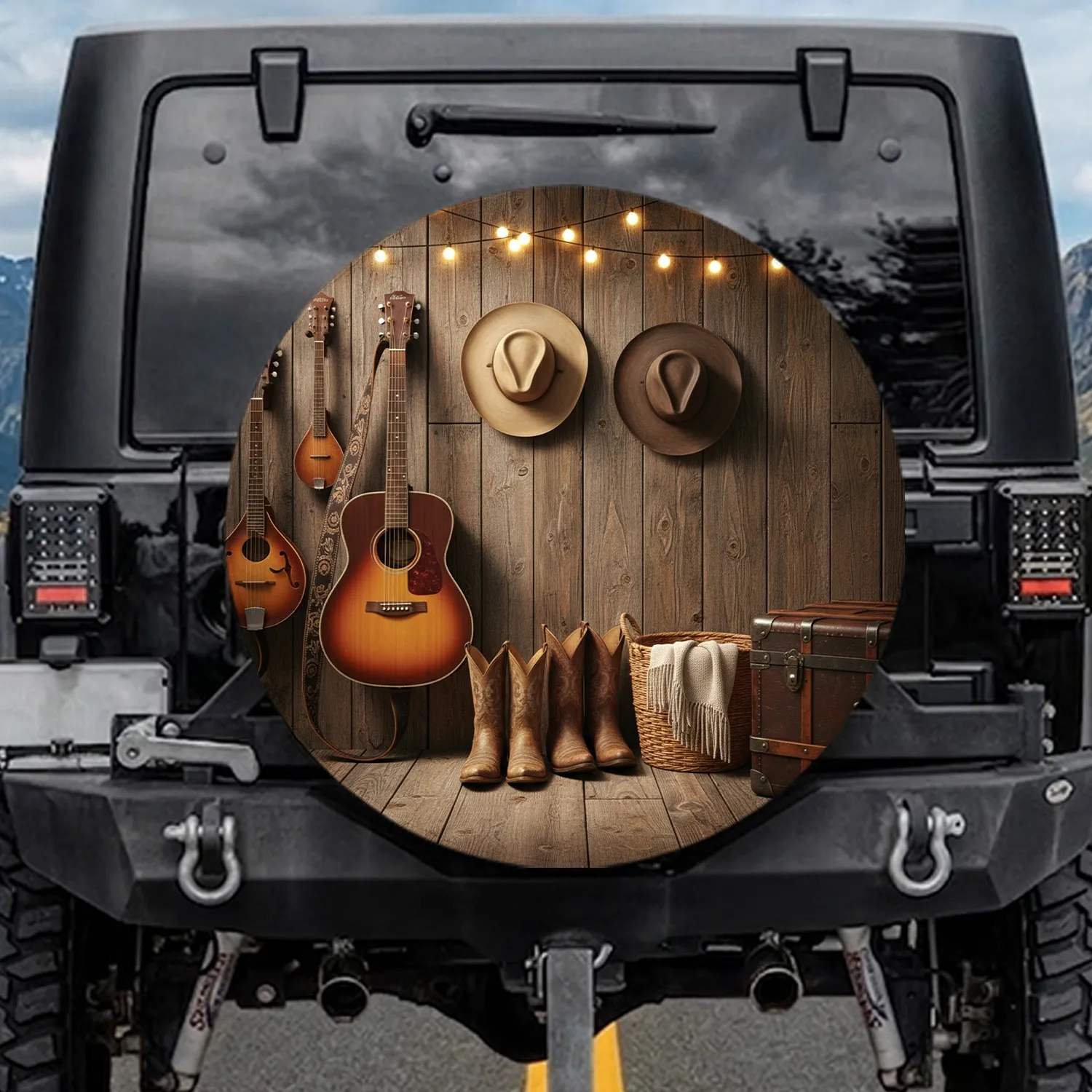 Rustic Country Cowboy Hats Guitar Boots - Western Home Decor Gift for Country Music Fan Spare Tire Cover - 1