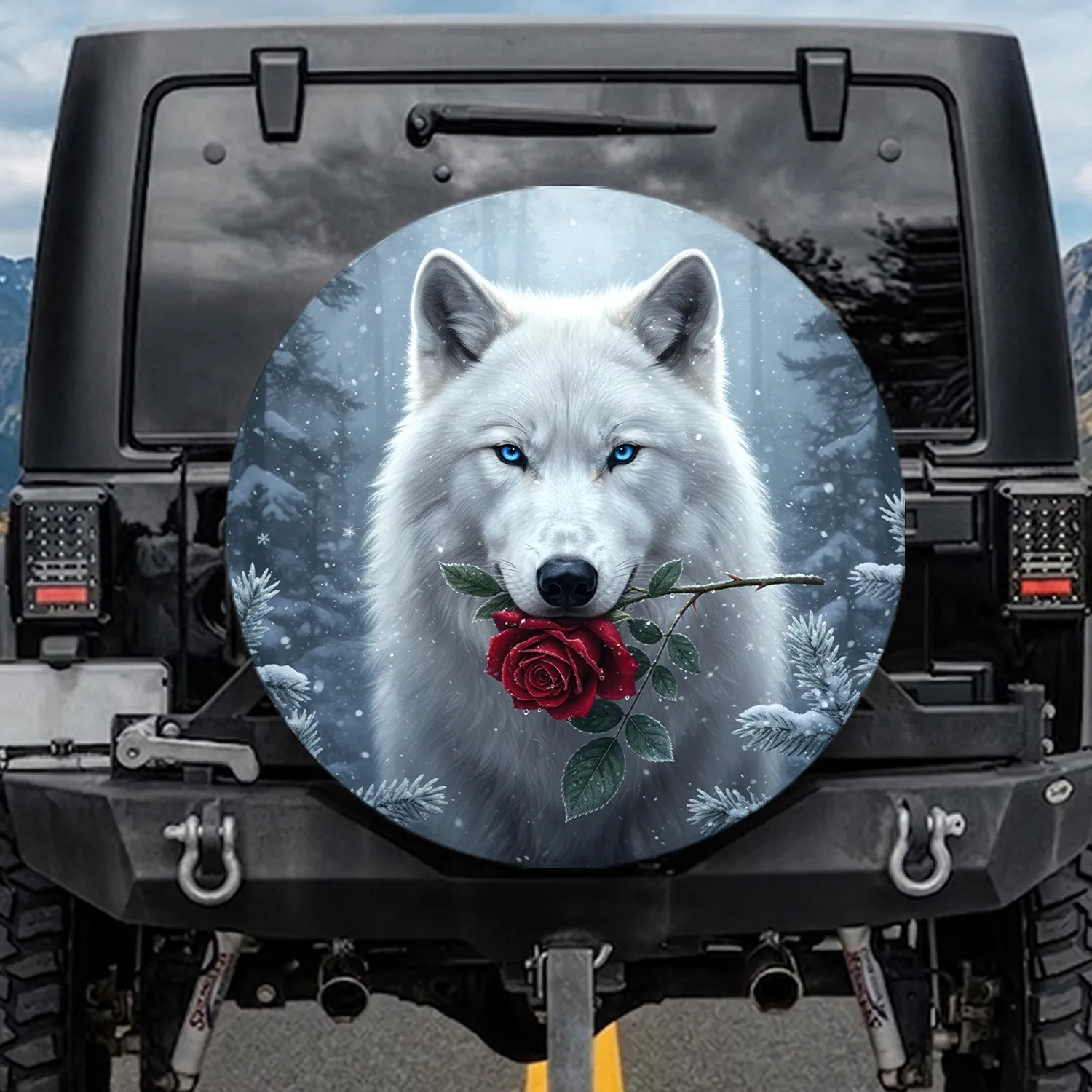 White Wolf Ice-Blue Eyes Red Rose Snow-Dusted Branches - Winter Wildlife Lover Gift Spare Tire Cover - 1