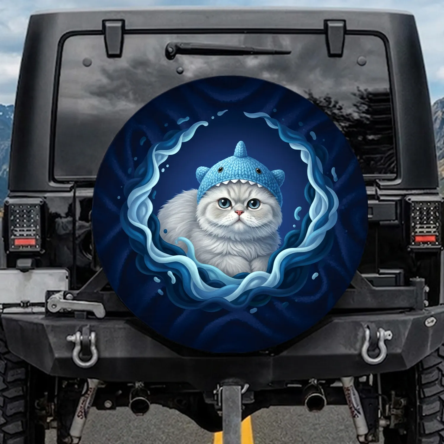 Baby Blue Shark Hat Cat Ocean Waves - Cat Lover Travel Essential Spare Tire Cover - 1