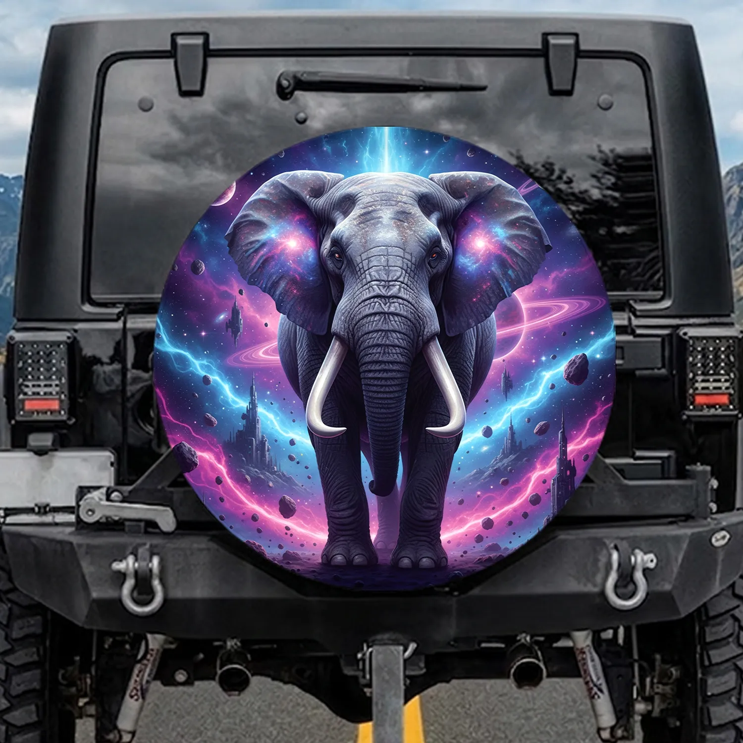 Majestic Elephant Purple Blue Nebula Ears Cosmic Planets Stars - Sci-Fi Space Lover Gift Spare Tire Cover - 1