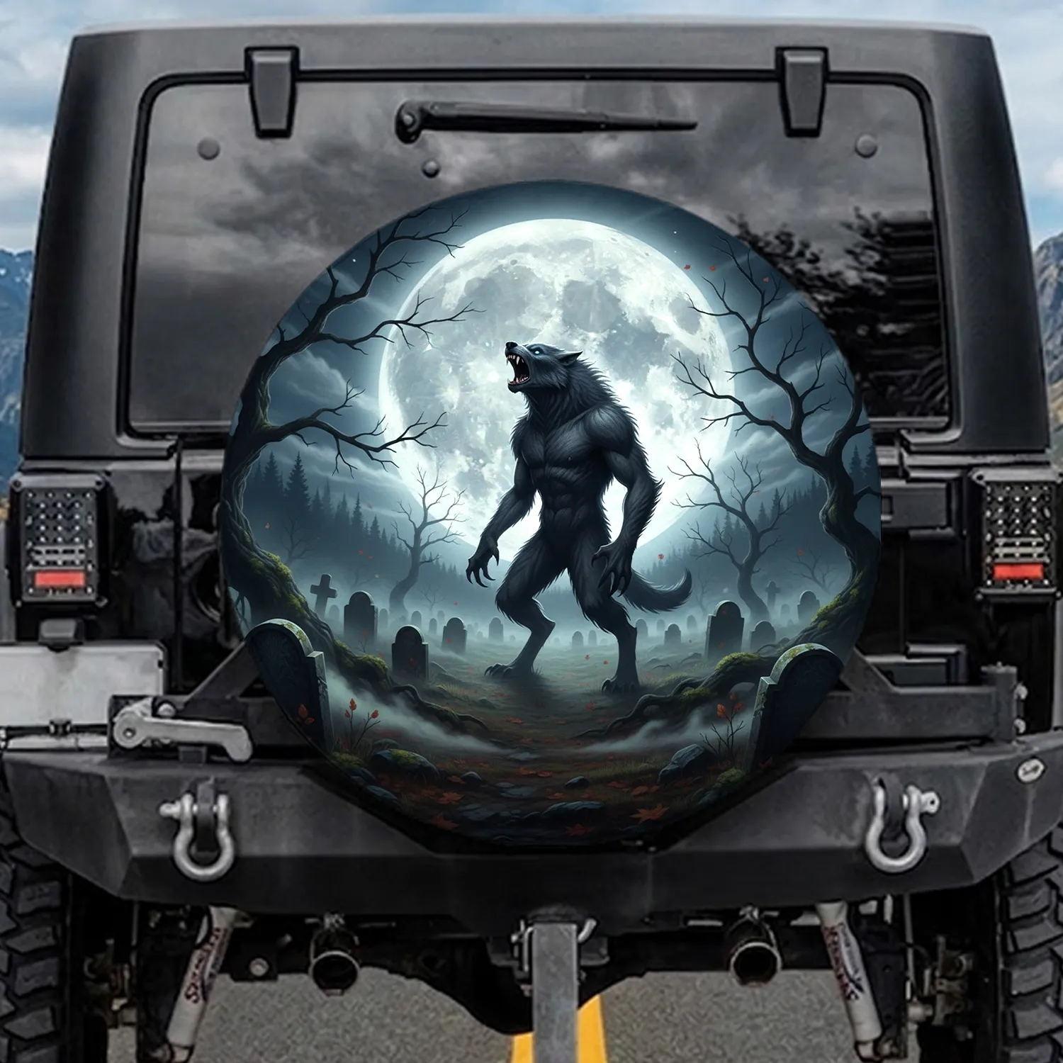 Werewolf Full Moon Cemetery Tombstones - Cinematic Horror Fan Gift Spare Tire Cover - 1