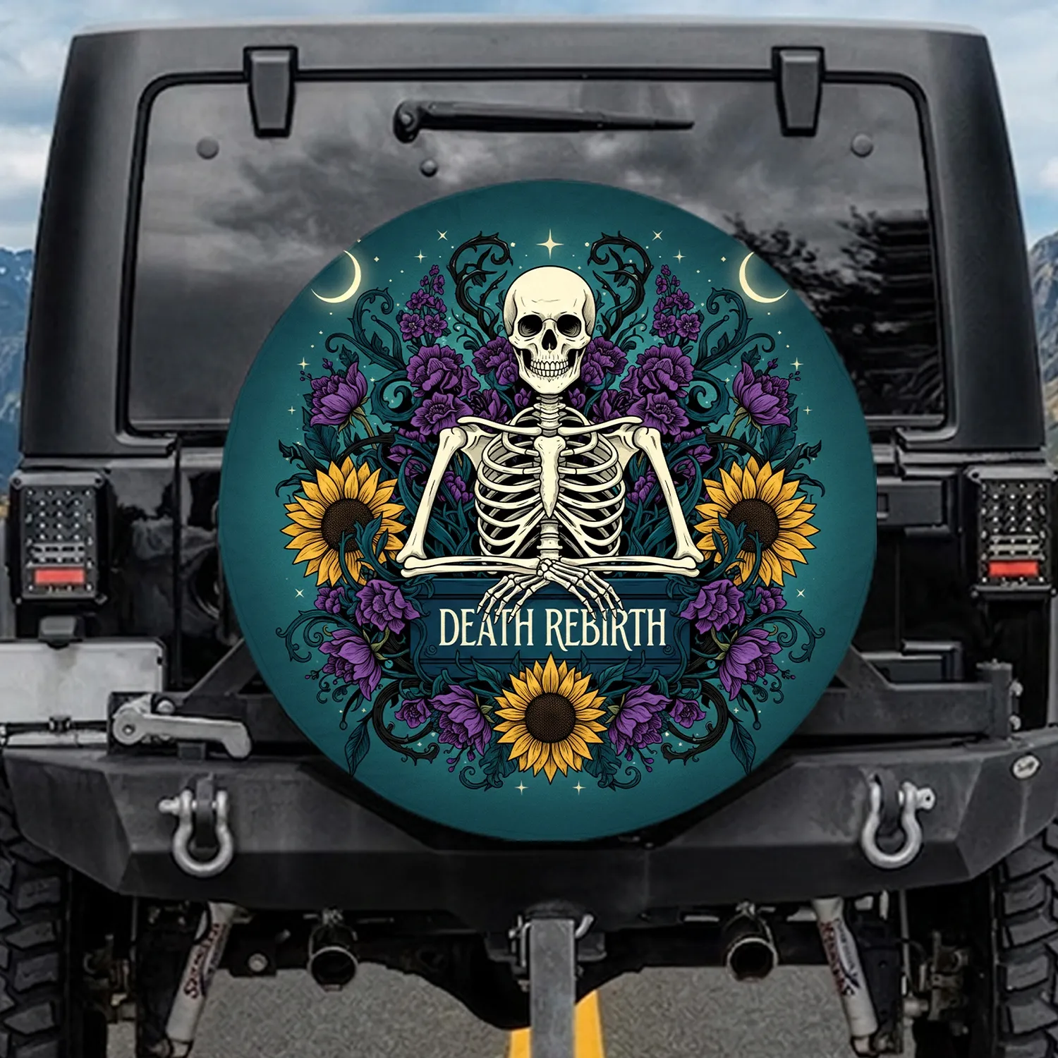 Skeleton Death Rebirth Plinth Gothic Floral Moon Stars - Auto Decor Gift for Mystical Art Fan Spare Tire Cover - 1