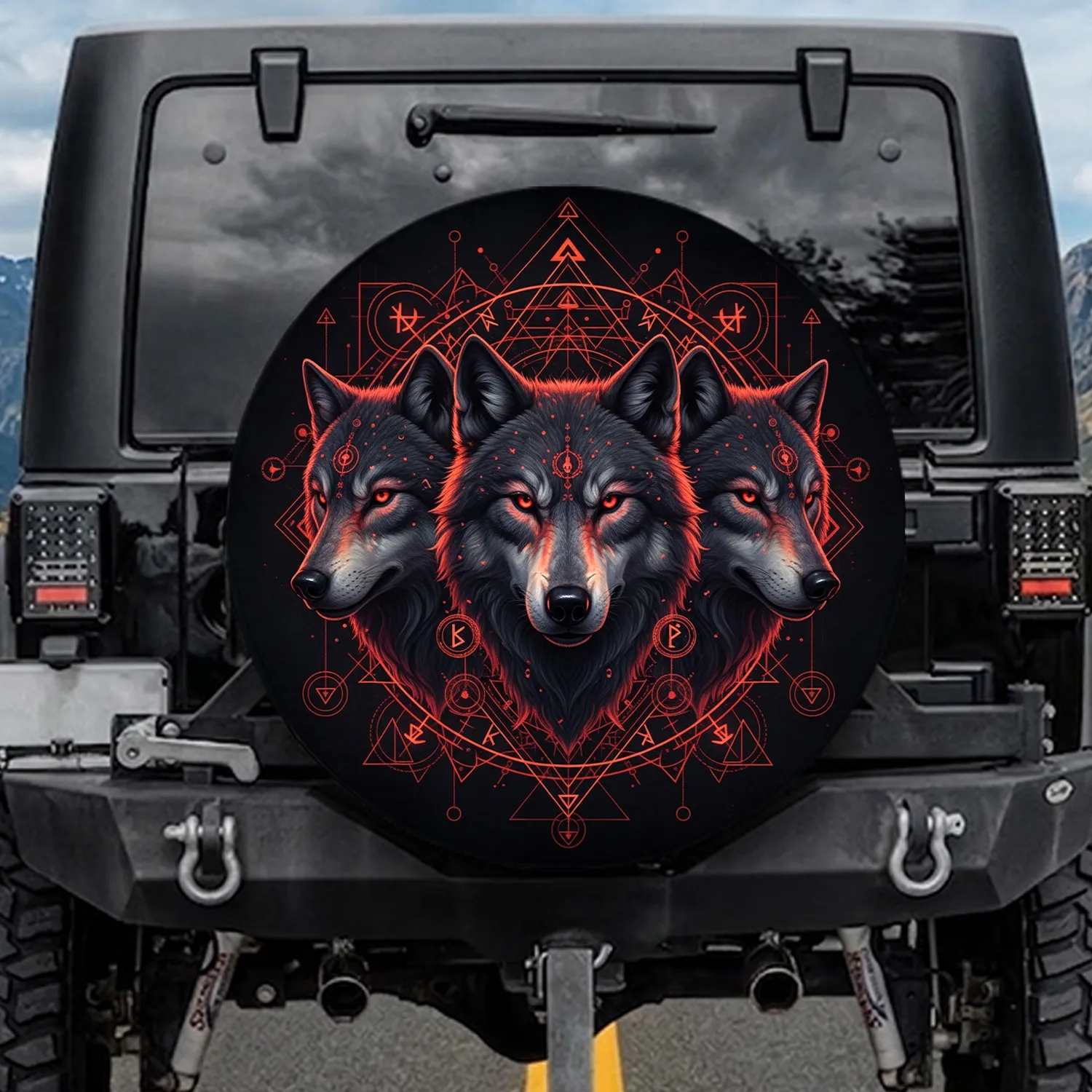 Three Realistic Wolf Heads Glowing Red Geometric Arcane - Dark Fantasy Gift Spare Tire Cover - 1