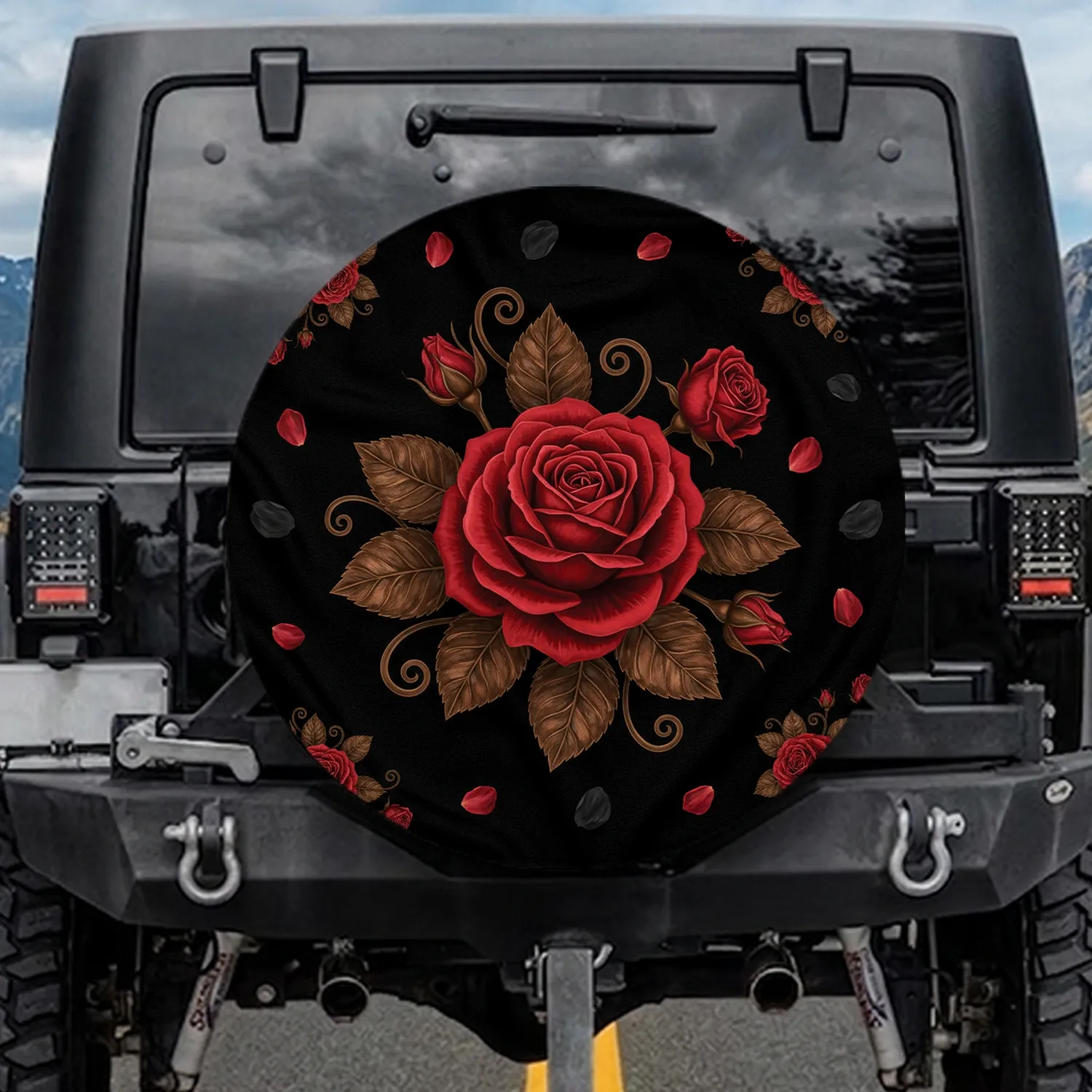 Crimson Red Rose Blooming Floral Bronze Leaves - Road Trip Gift for Nature Lovers Spare Tire Cover - 1