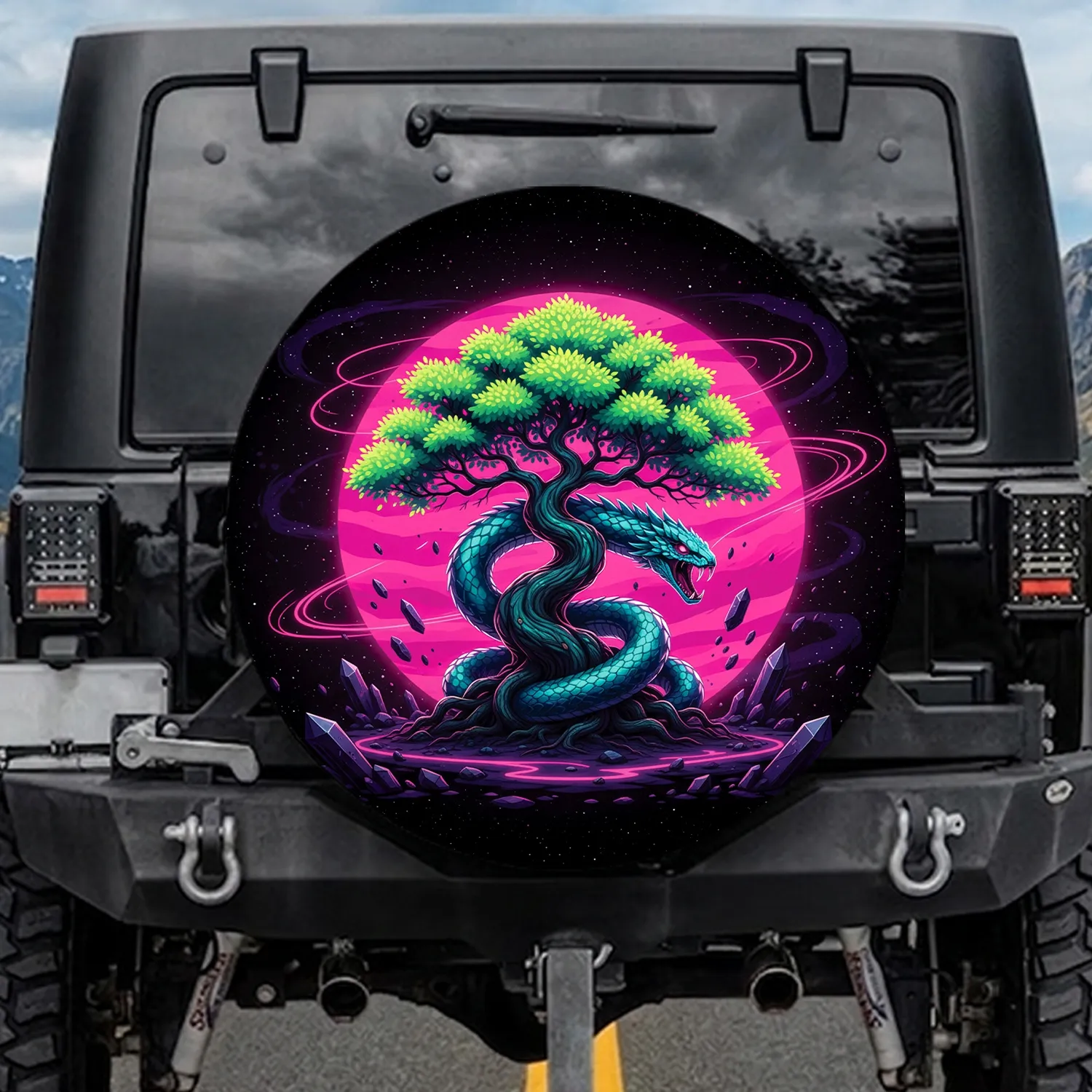 Gnarled Tree Glowing Foliage Serpent Celestial Cosmic Stars - Fantasy Decor Gift Spare Tire Cover - 1