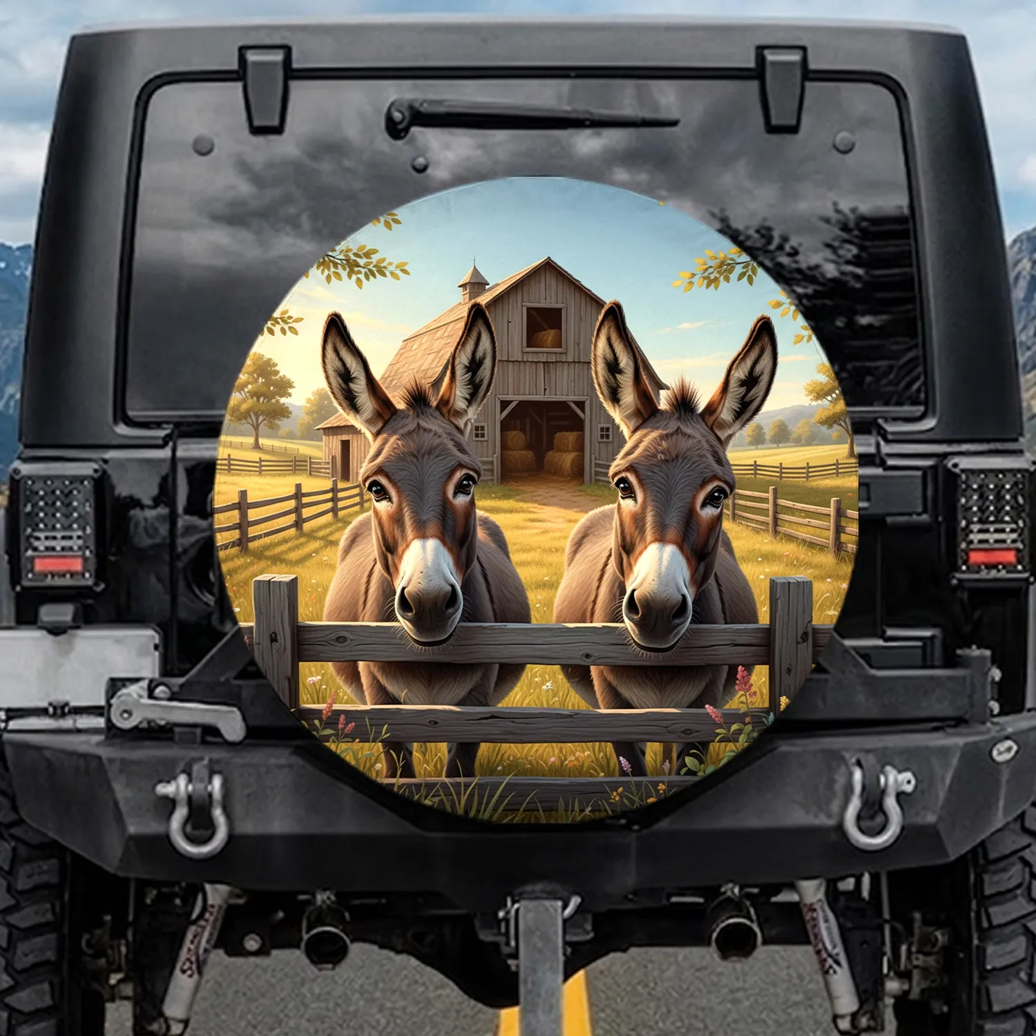 Curious Donkeys Wooden Fence Barn Farm Landscape - Farmhouse Decor Gift for Donkey Lover Spare Tire Cover - 1