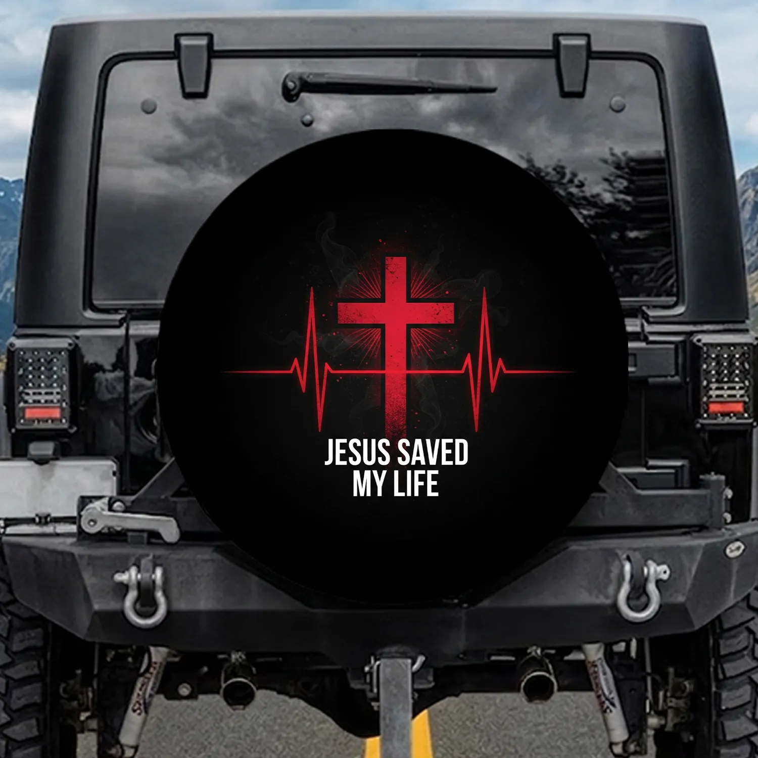 Crimson Cross EKG Jesus Saved My Life - Spiritual Devotion Gift for Christian Believers Spare Tire Cover - 1