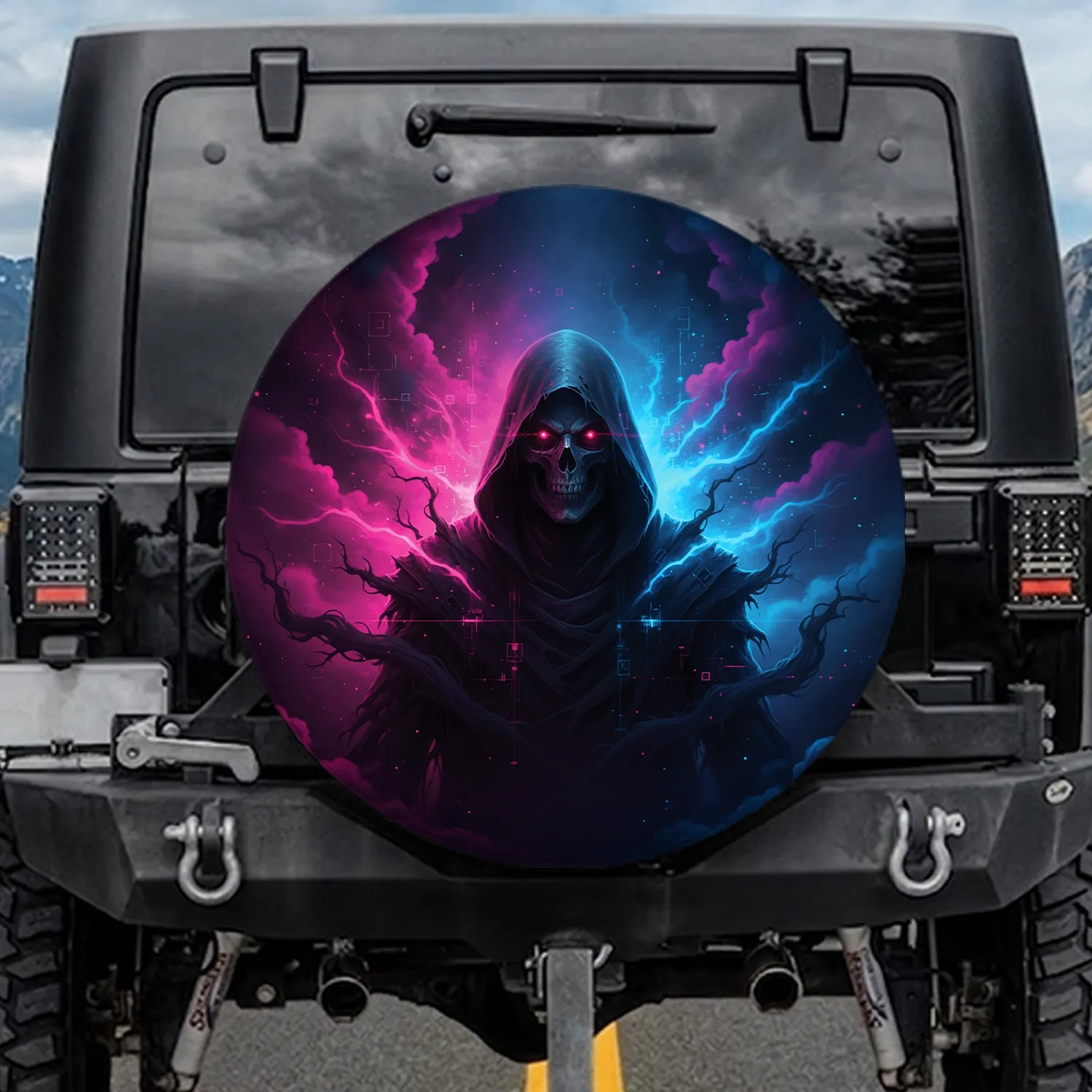 Skeletal Hooded Figure Glowing Eyes - Sci-Fi Fantasy Gift for Gaming Enthusiast Spare Tire Cover - 1