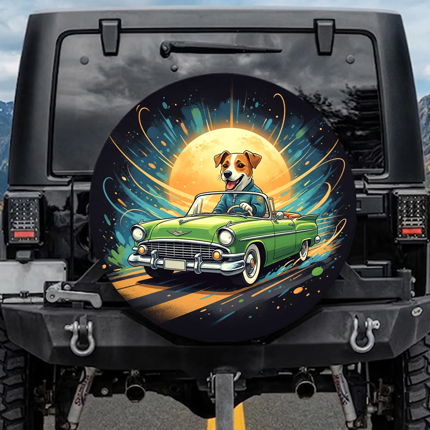 Smiling Jack Russell Dog Green Classic Car Ride - Dog Lover Adventure Gift Spare Tire Cover - 1