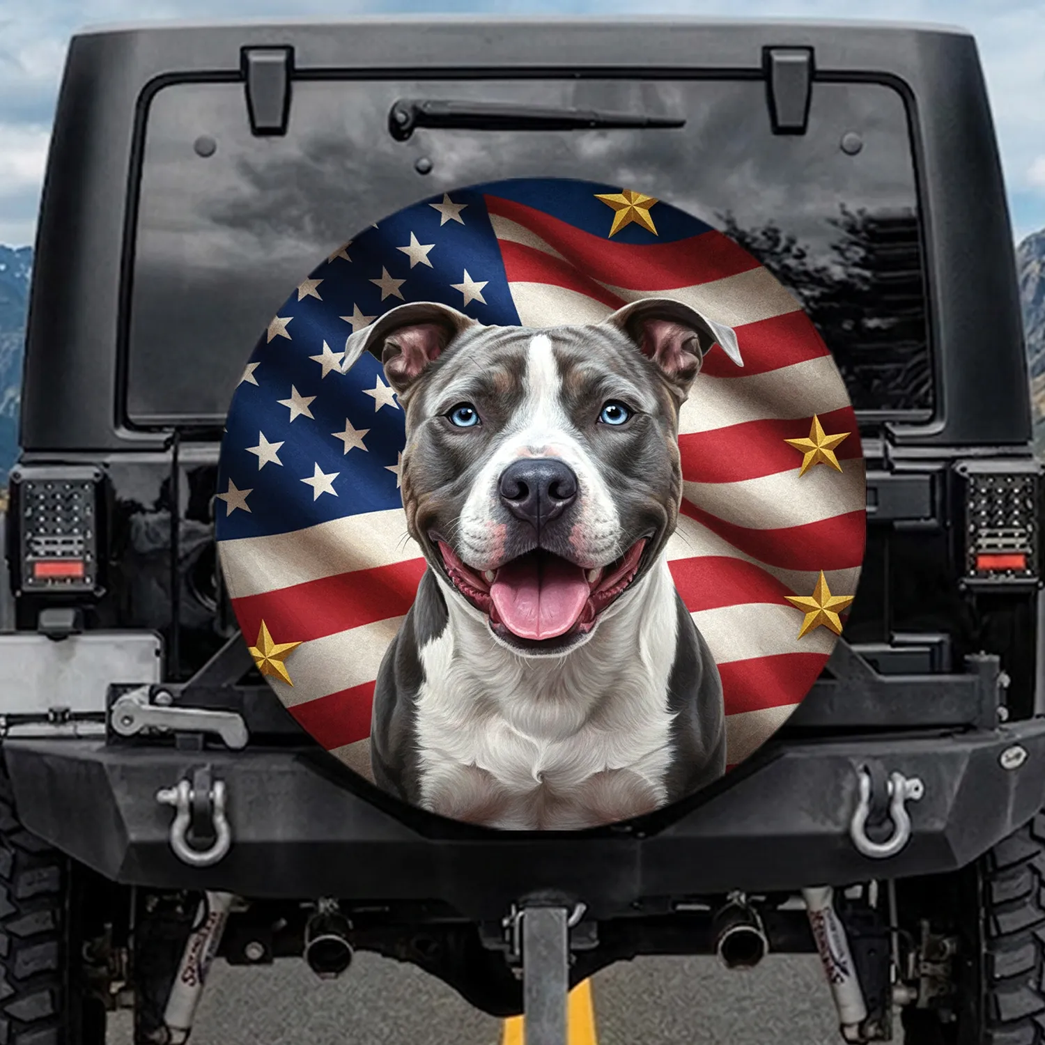 Smiling Blue Grey Pitbull American Flag - Independence Day Gift for Veterans Spare Tire Cover - 1