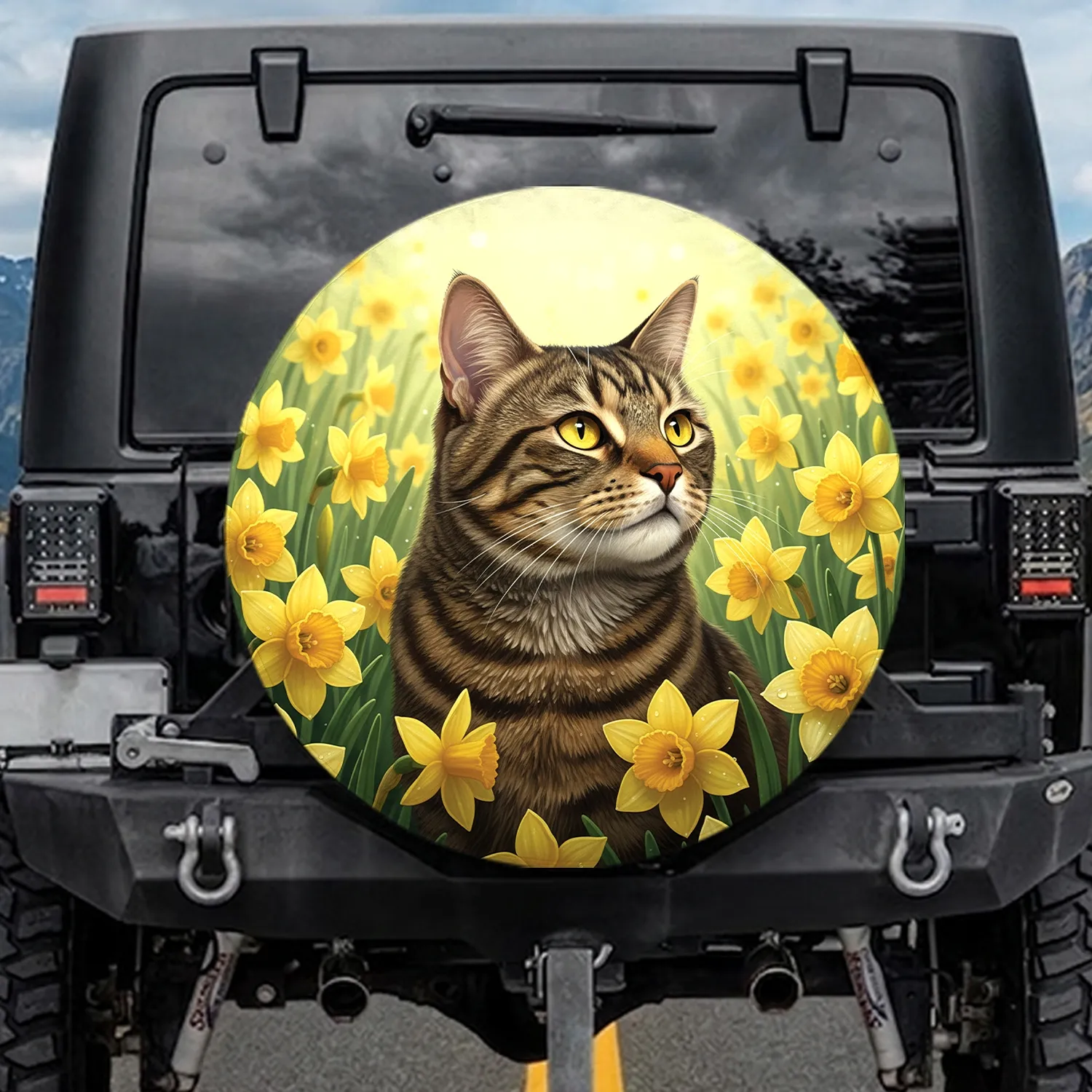 Majestic Brown Tabby Cat Daffodil Garden - Spring Garden Decor Cat Lover Gift Spare Tire Cover - 1