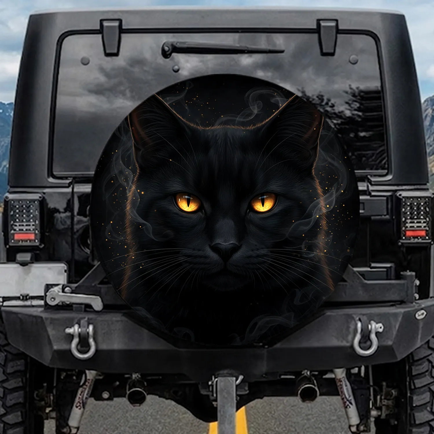 Black Cat Golden Eyes Ethereal Smoke - Cat Lover Home Decor Gift Spare Tire Cover - 1