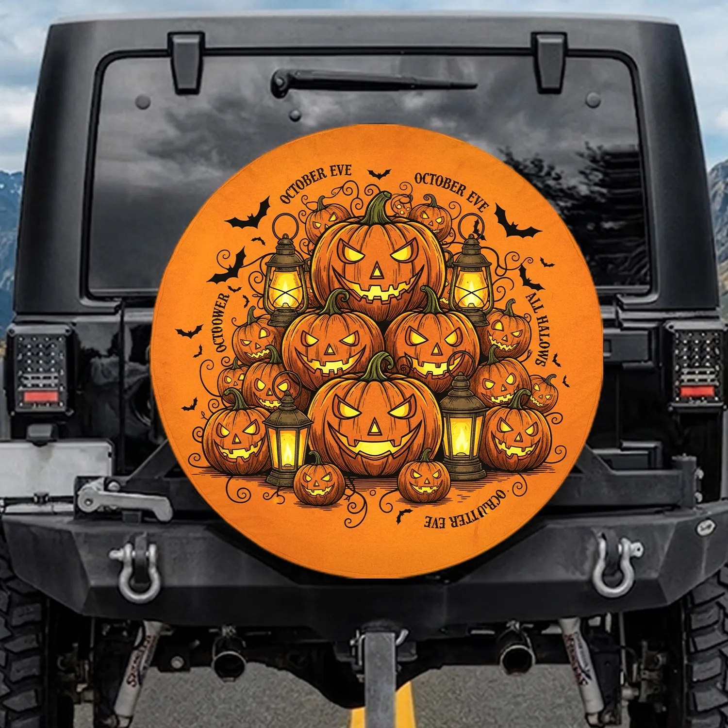 Glowing Jack-O'-Lanterns Various Sizes Antique Lanterns Flying Bats Gothic Script - Halloween Party Spare Tire Cover - 1