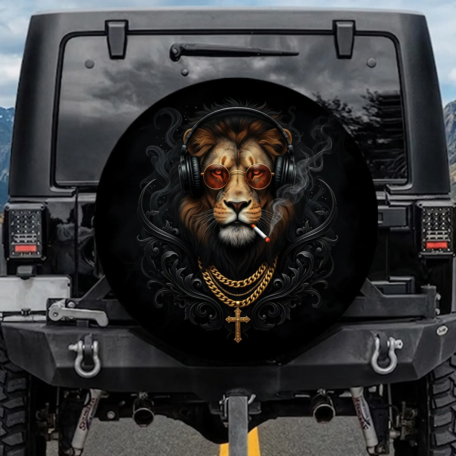 Lion Headphones Sunglasses Gold Cross - Unique Ride Gift Spare Tire Cover - 1