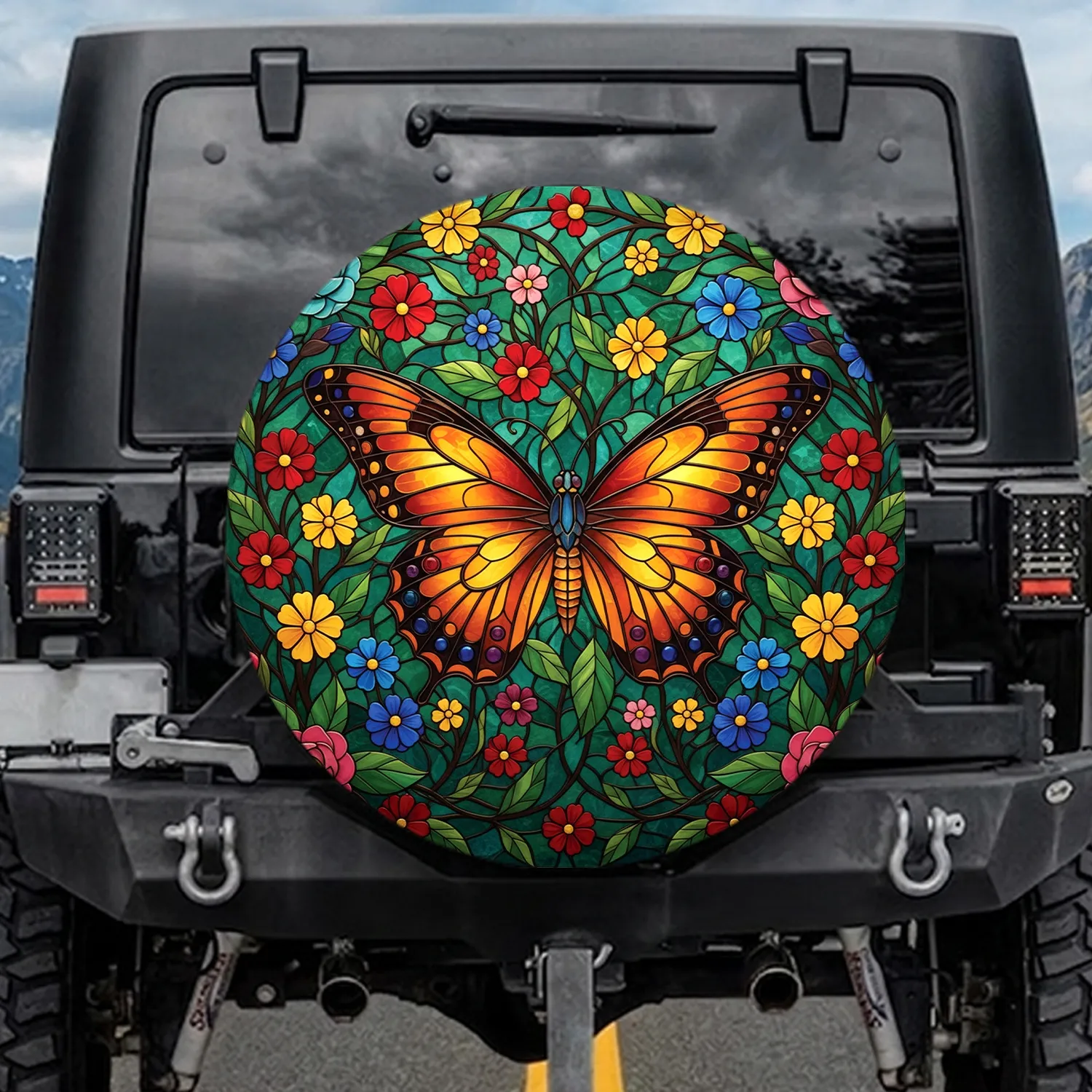 Stained Glass Butterfly Garden Flowers Lush Foliage - Nature Lover Home Decor Gift Spare Tire Cover - 1