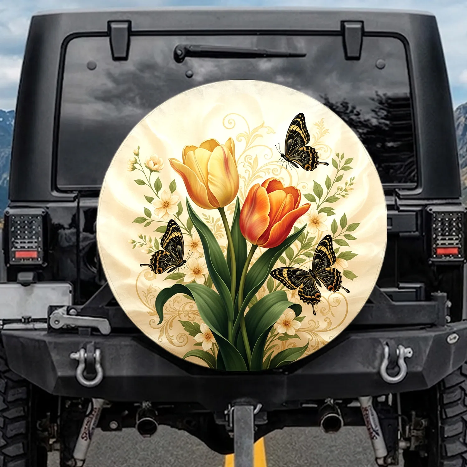 Realistic Tulips Black Gold Butterflies - Home Decor Gift for Garden Lover Spare Tire Cover - 1