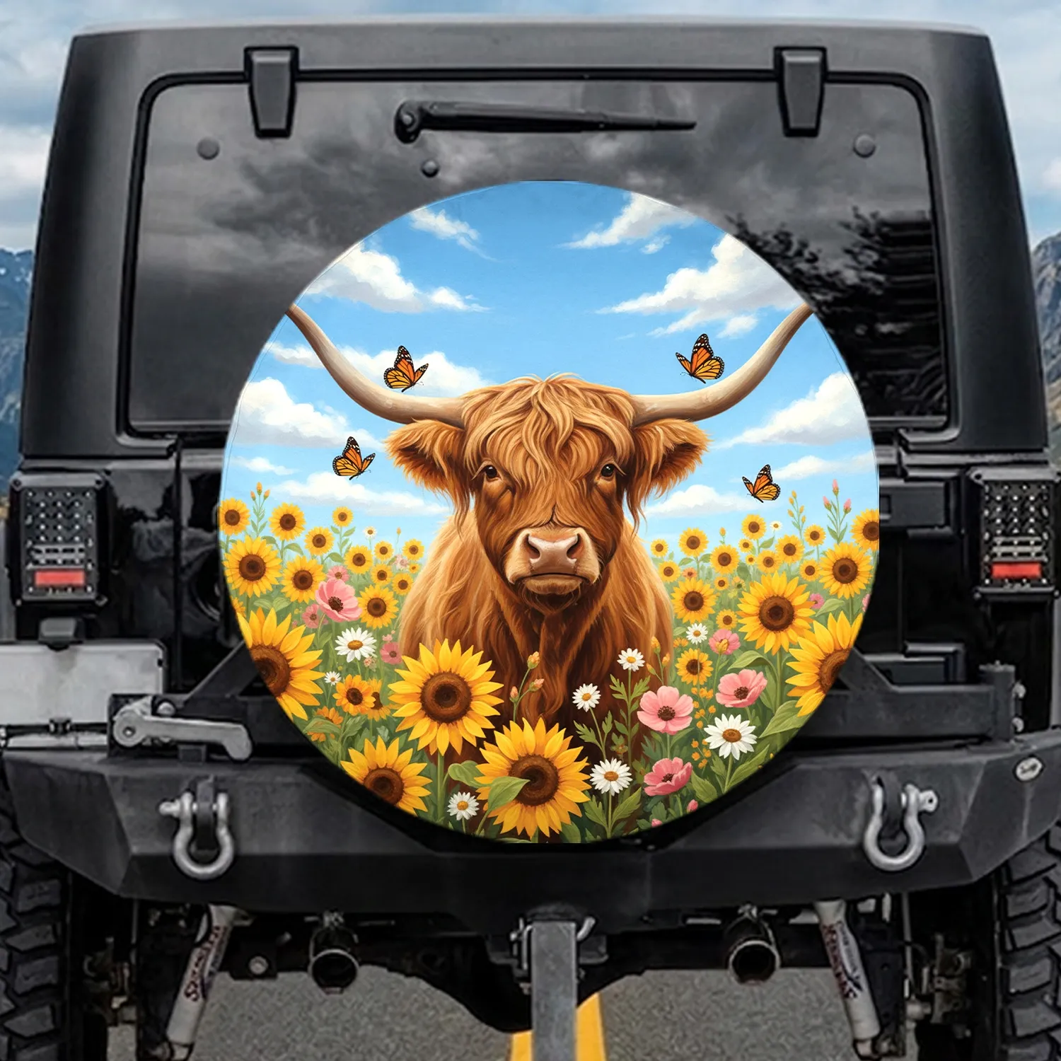 Highland Cow Wildflower Meadow - Farmhouse Decor Gift for Cow Lover Spare Tire Cover - 1