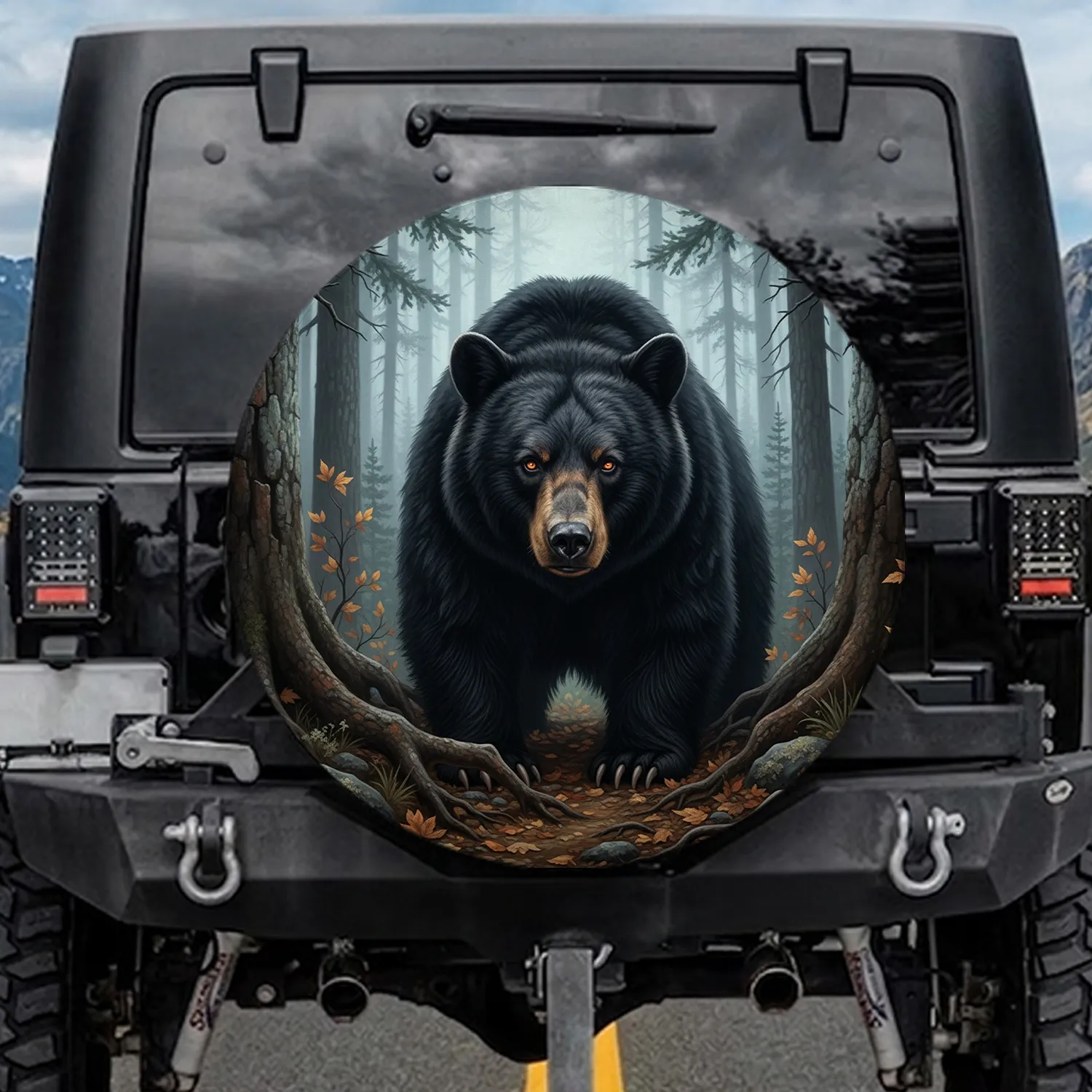 Black Bear Evergreen Forest Roots Autumn Wilderness - Wildlife Lover Gift Spare Tire Cover - 1