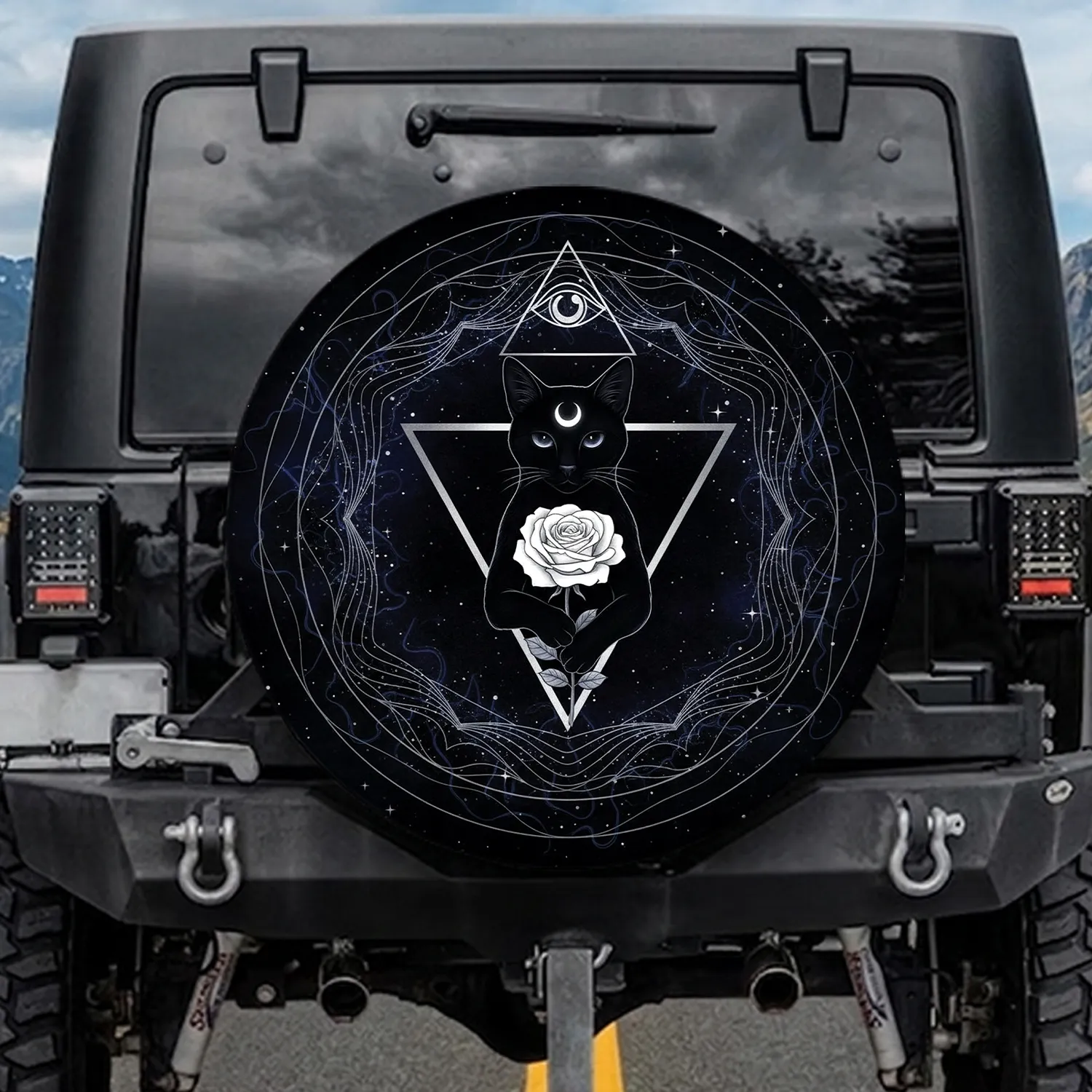 Black Cat Crescent Moon Rose Eye of Providence Pyramid - Occult Enthusiast Gift Spare Tire Cover - 1