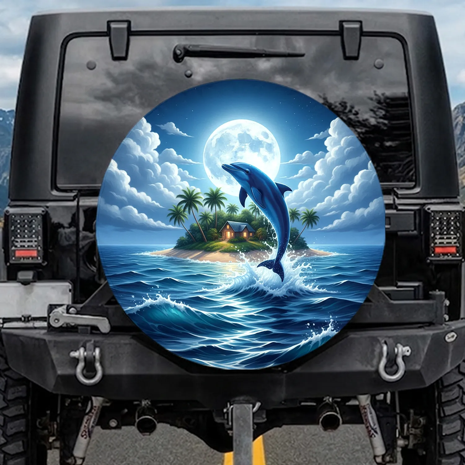 Blue Dolphin Leaping Moonlit Ocean Tropical Island - Wildlife Lover Gift Spare Tire Cover - 1