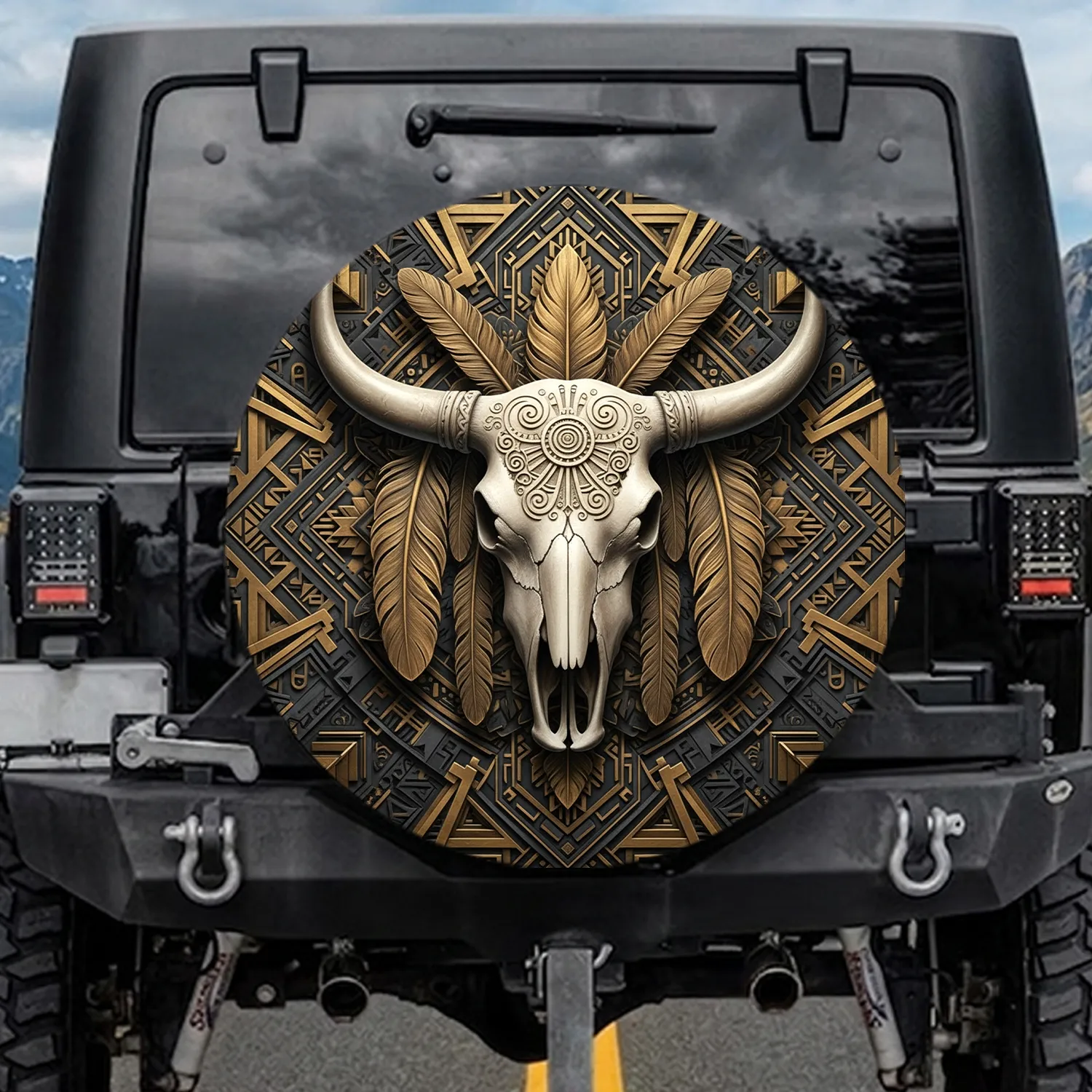 Bull Skull Feathers Southwestern Tribal Shapes - Car Decor Gift for Wildlife Lover Spare Tire Cover - 1