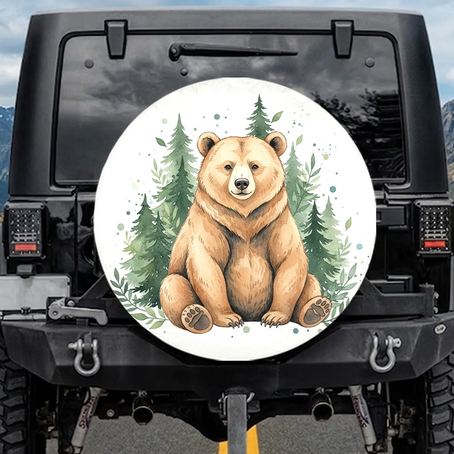 Plump Watercolor Bear Pine Trees Green Foliage White Background - Nature Lover Gift Spare Tire Cover - 1