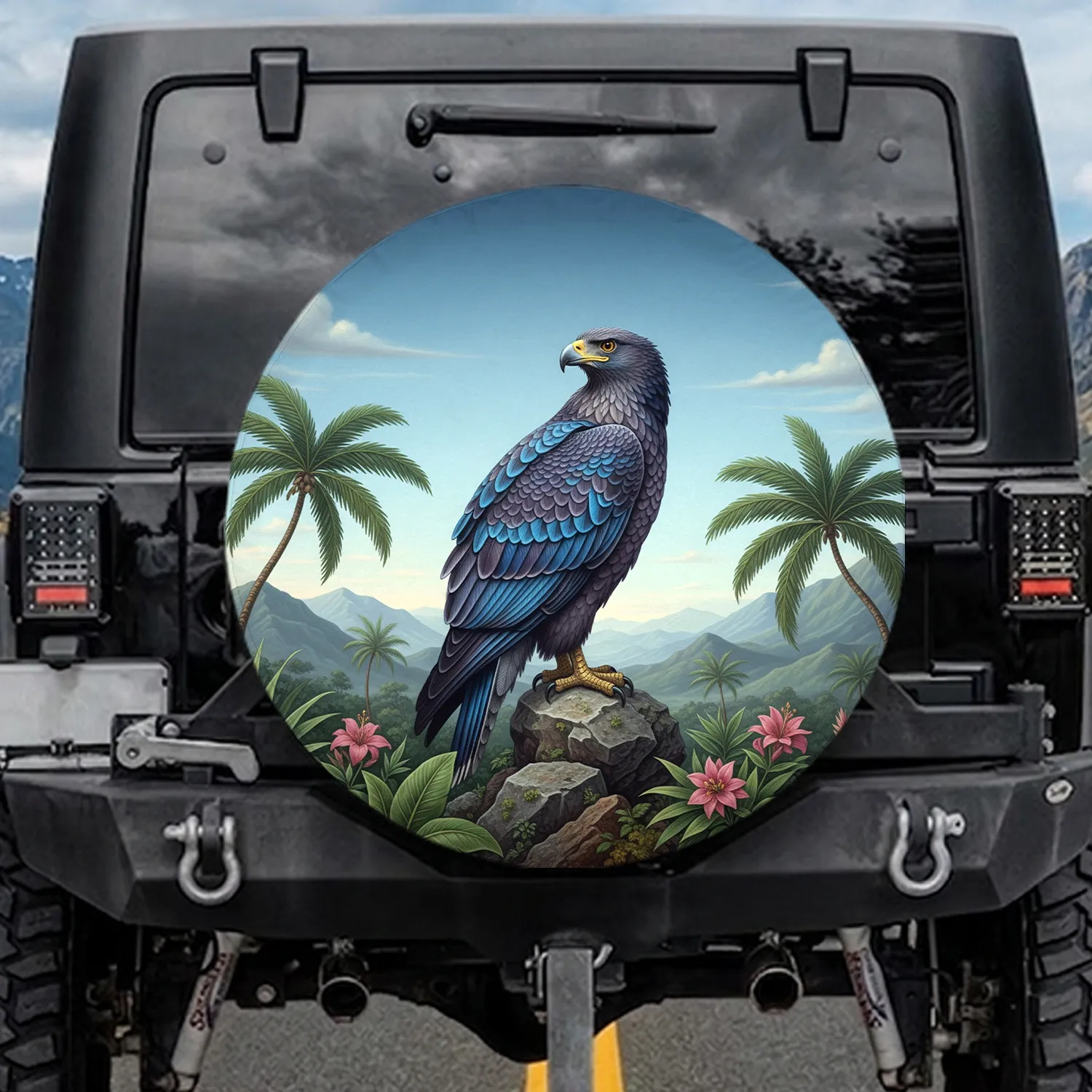 Majestic Eagle Rugged Rock Tropical Mountains Vibrant Pink Flora Palm Trees - Wildlife Lover Gift Spare Tire Cover - 1