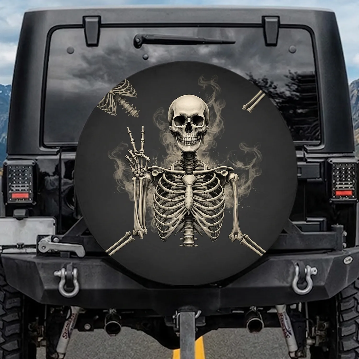 Human Skeleton Peace Sign Smoke Grunge - Car Enthusiast Gift Spare Tire Cover - 1