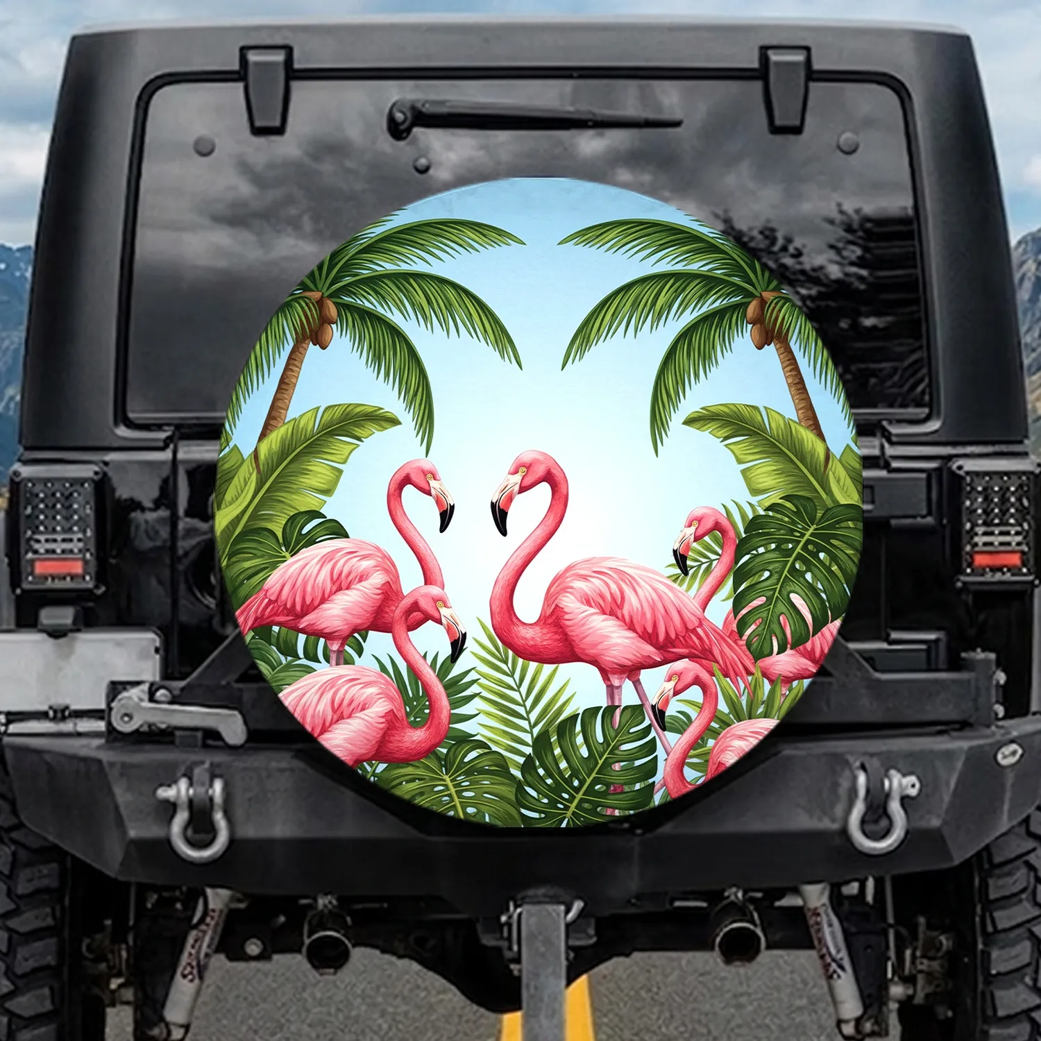 Pink Flamingo Palm Tree Tropical - Wildlife Lover Gift Spare Tire Cover - 1