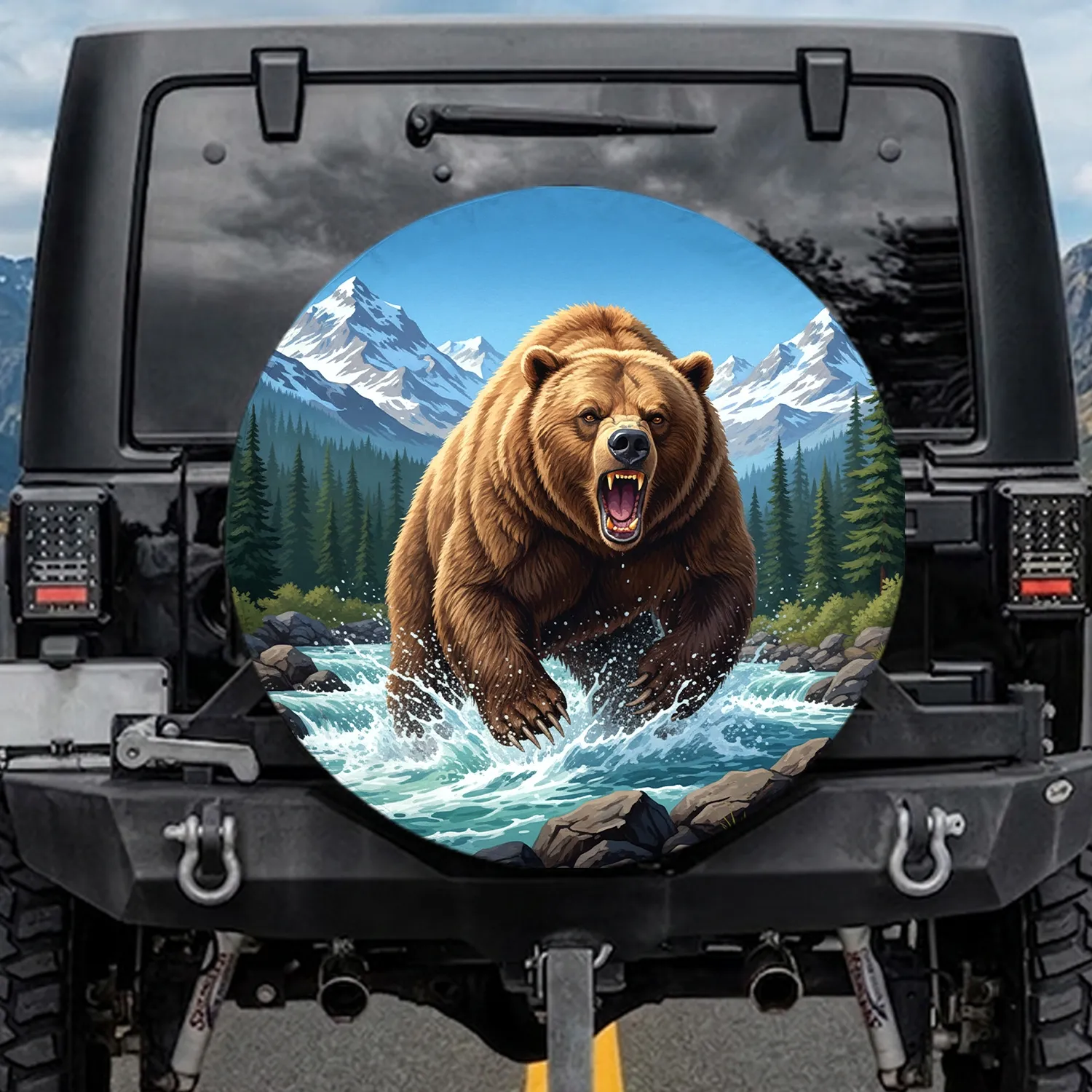 Claws Extended Roaring Grizzly Bear Forest Mountain River - Wildlife Lover Gift Spare Tire Cover - 1
