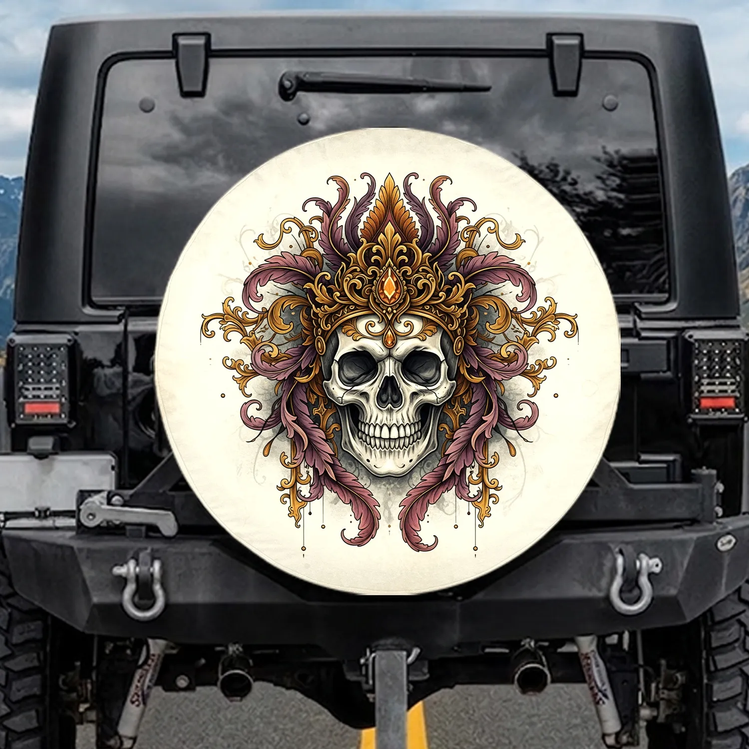 Skull Crown Ornate Headdress Gold Crimson Filigree - Unique Home Decor Gift Spare Tire Cover - 1