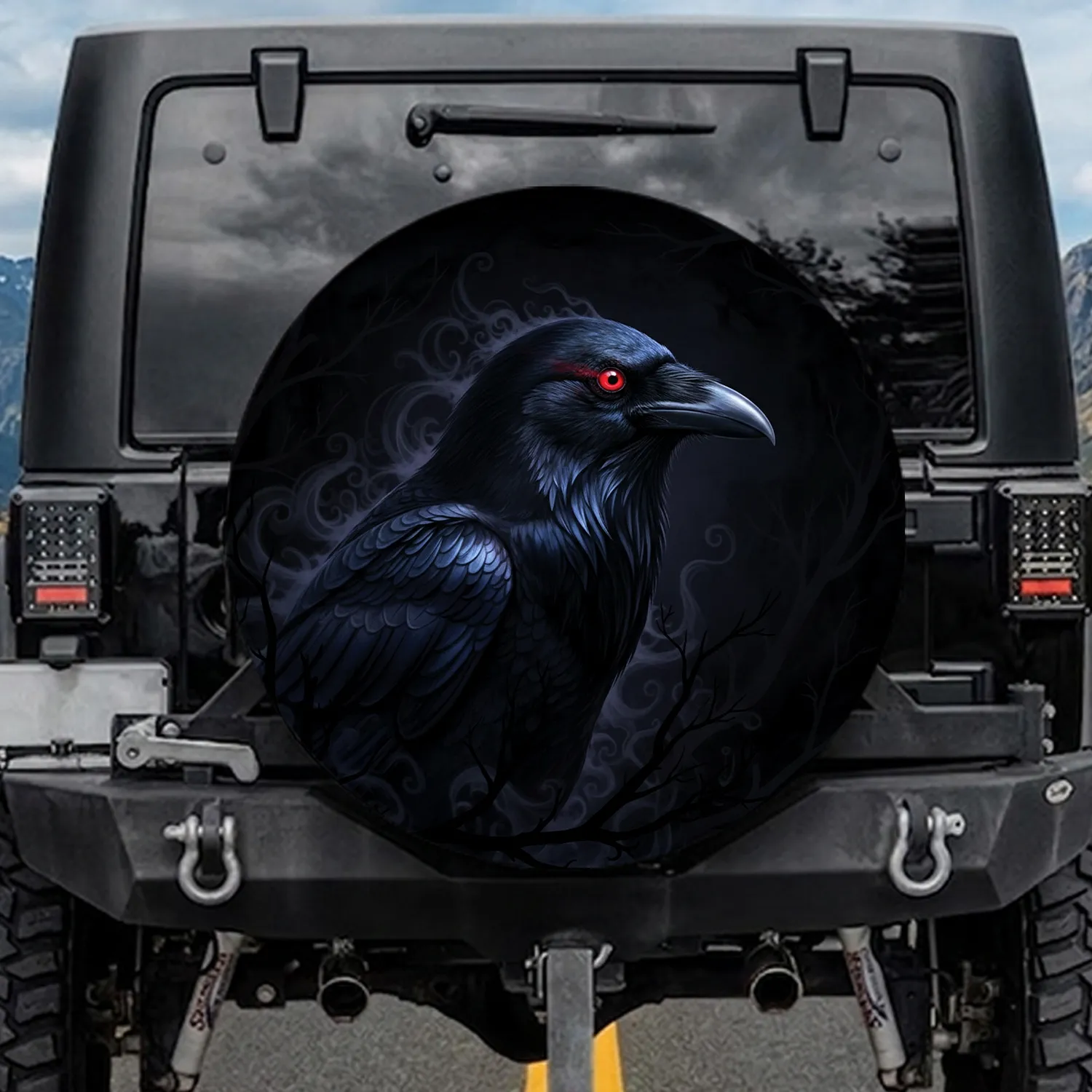 Majestic Black Raven Piercing Red Eyes Spectral Mist - Gothic Home Decor Gift Spare Tire Cover - 1