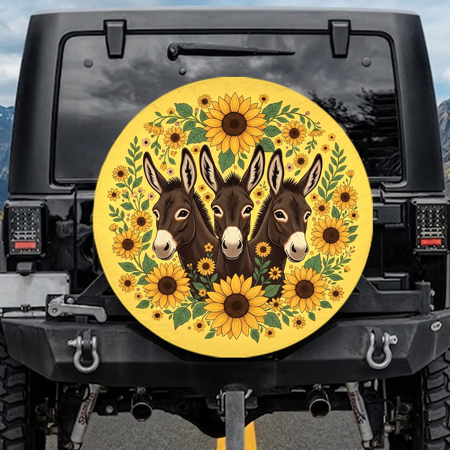 Three Donkeys Sunflower Wildflower - Farmhouse Home Decor Gift for Donkey Lover Spare Tire Cover - 1