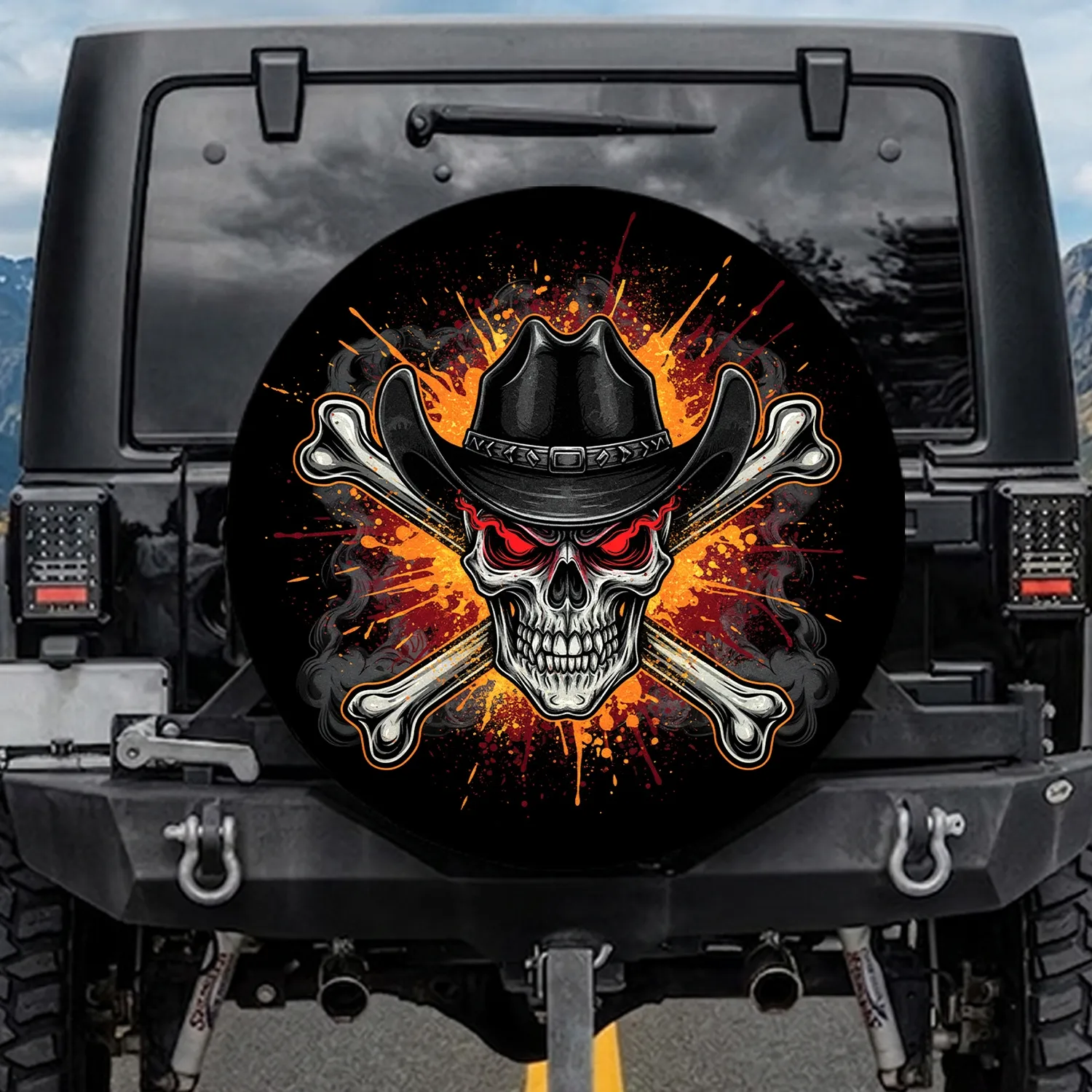 Cowboy Hat Skull Bones Red Eyes - Adventure Ride Gear for Off-Roaders Spare Tire Cover - 1