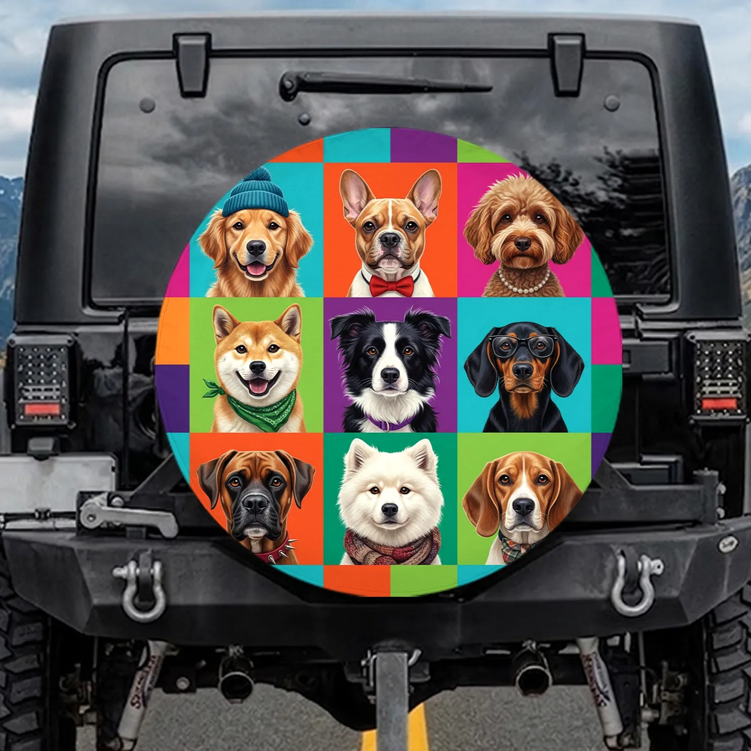 Nine Expressive Dog Portraits Geometric Mosaic Pop Art Color Blocks - Home Decor Gift for Dog Lover Spare Tire Cover - 1