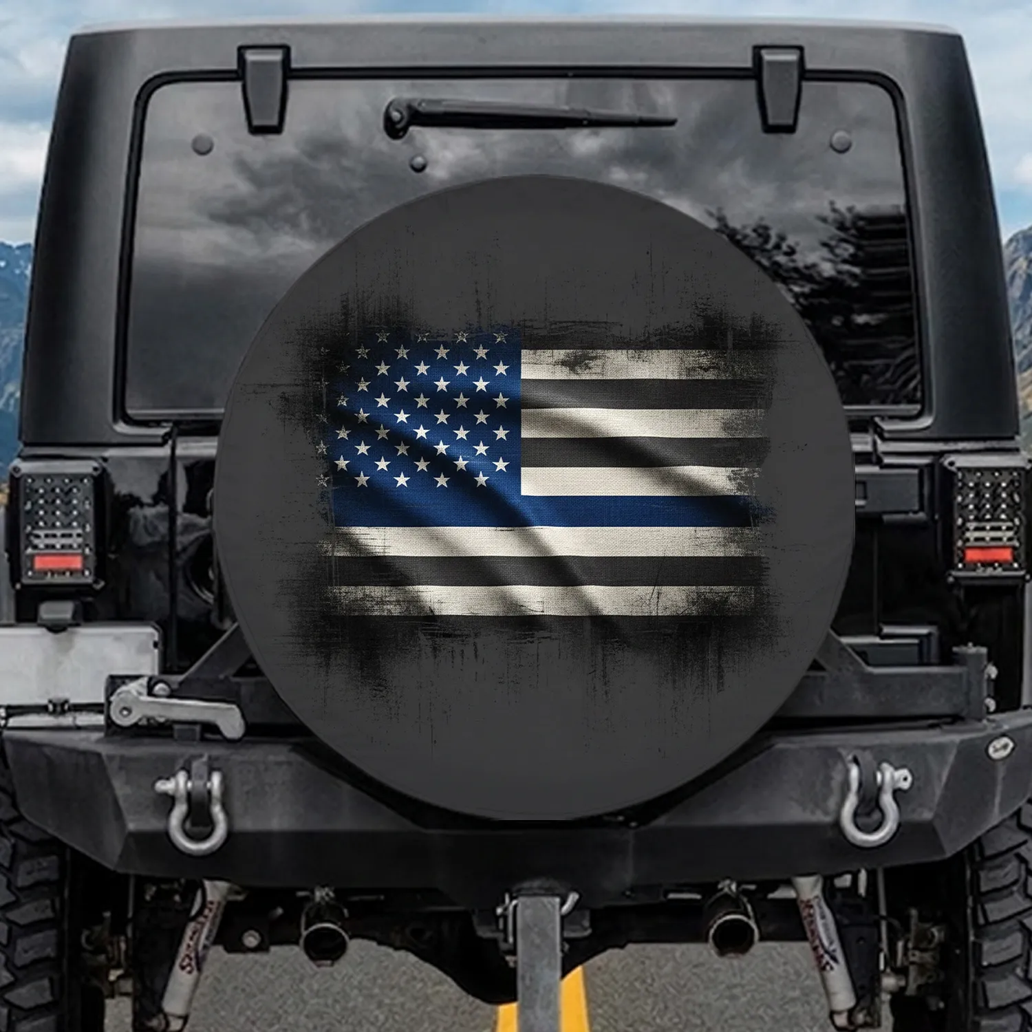 Weathered Distressed American Flag Thin Blue Line - Independence Day Gift for Veterans Spare Tire Cover - 1