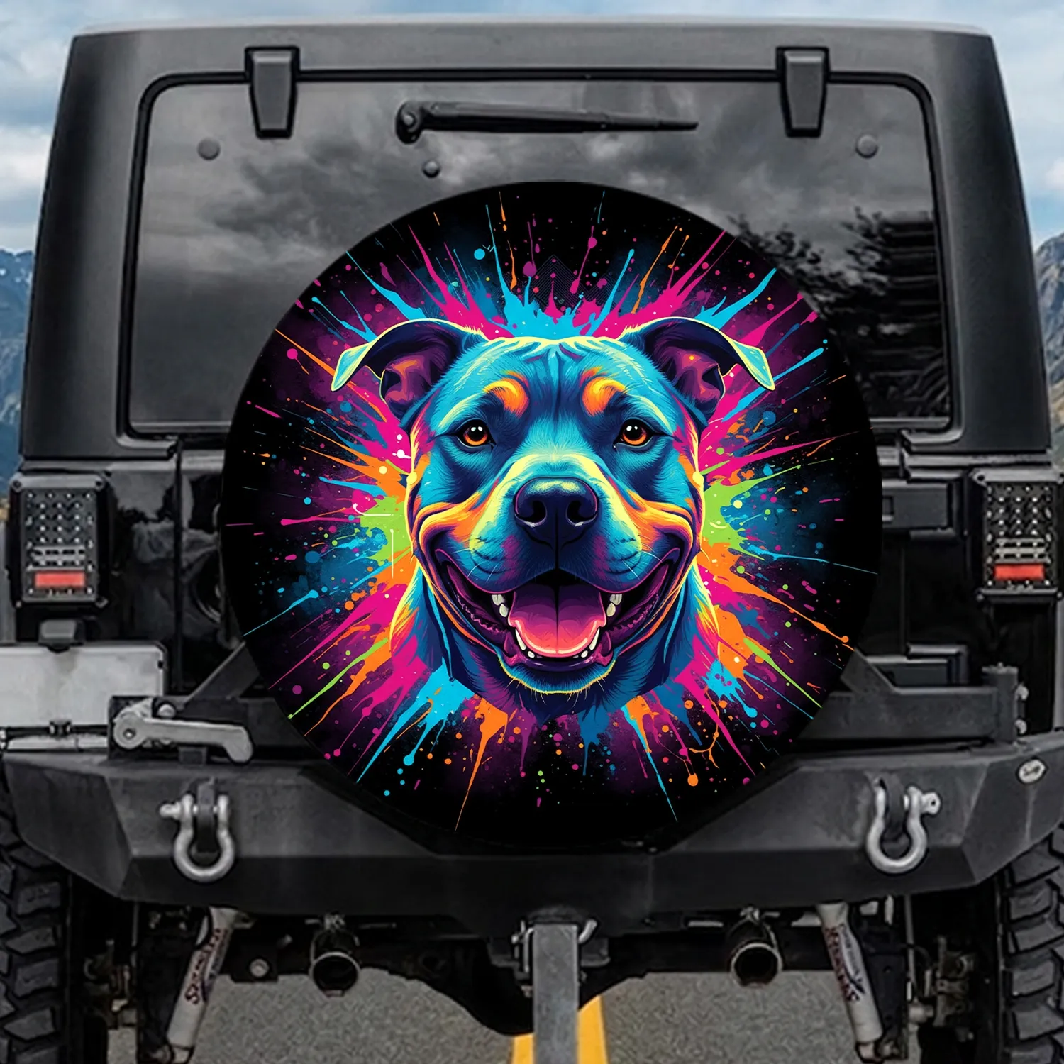Pit Bull Dog Head Open Mouth Paint Streaks Cosmic - Pet Lover Gift for Dog Owner Spare Tire Cover - 1