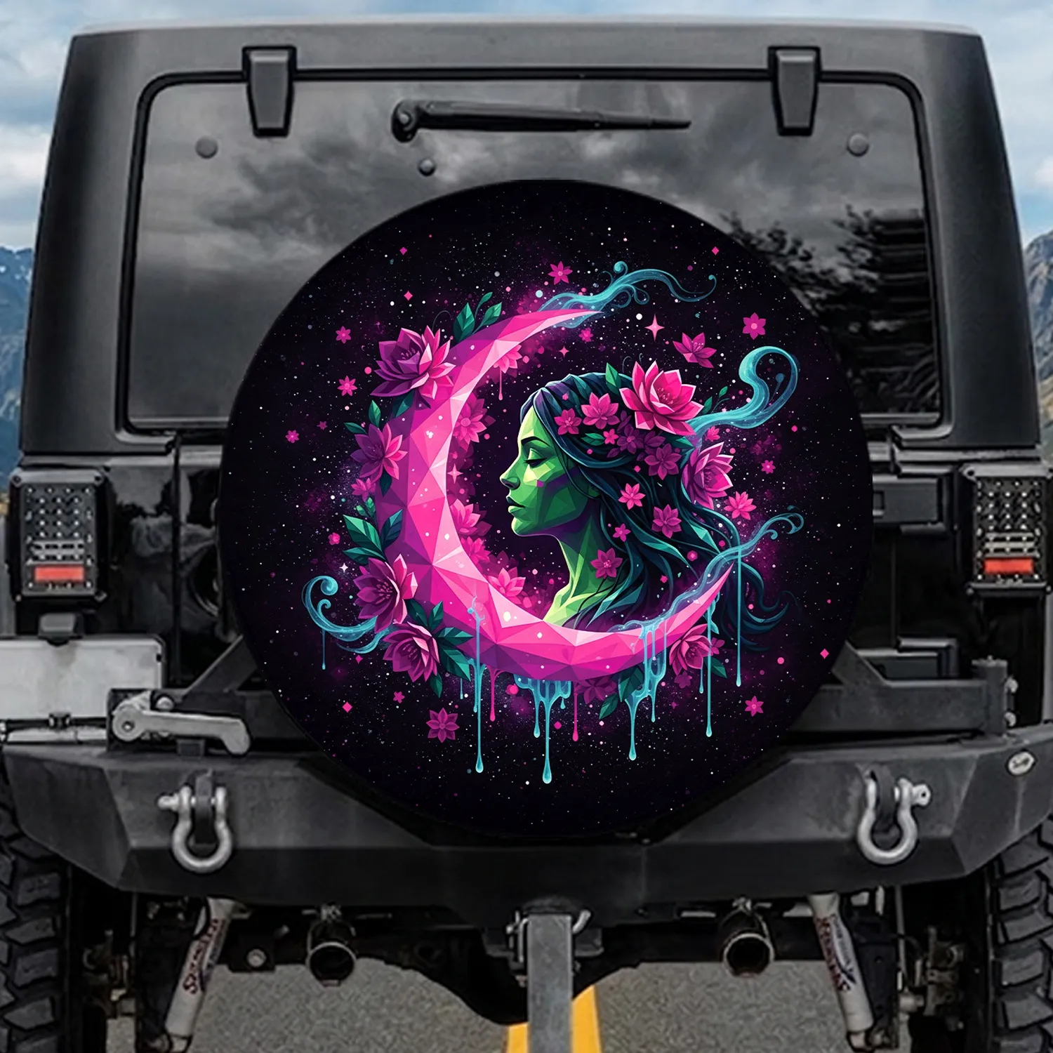 Crescent Moon Woman Green Skin Geometric Flowers Crystalline Stars - Moon Lover Cosmic Gift Spare Tire Cover - 1