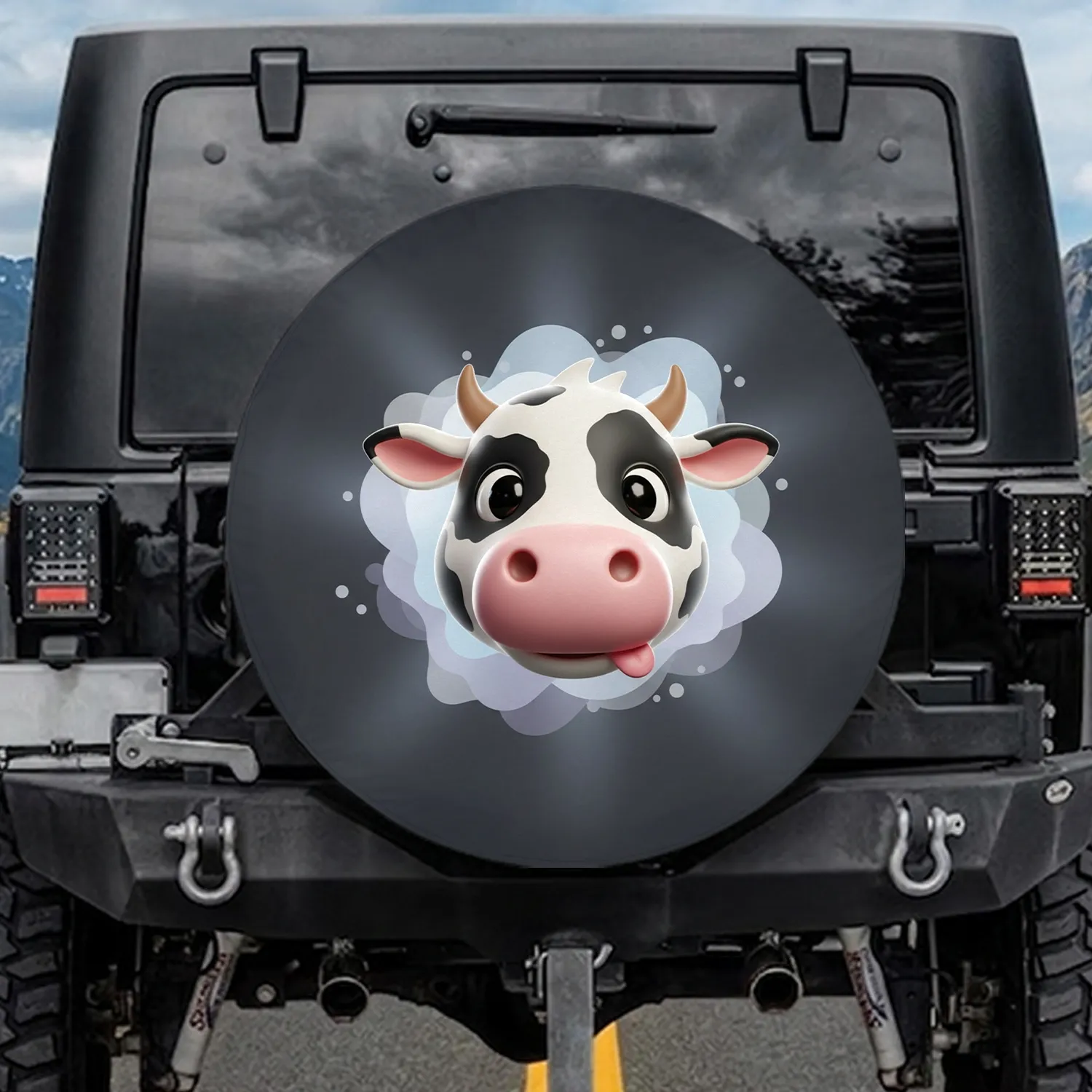 Cartoon Cow Head White Black Spots Pink Snout - Farmhouse Cow Lover Gift Spare Tire Cover - 1
