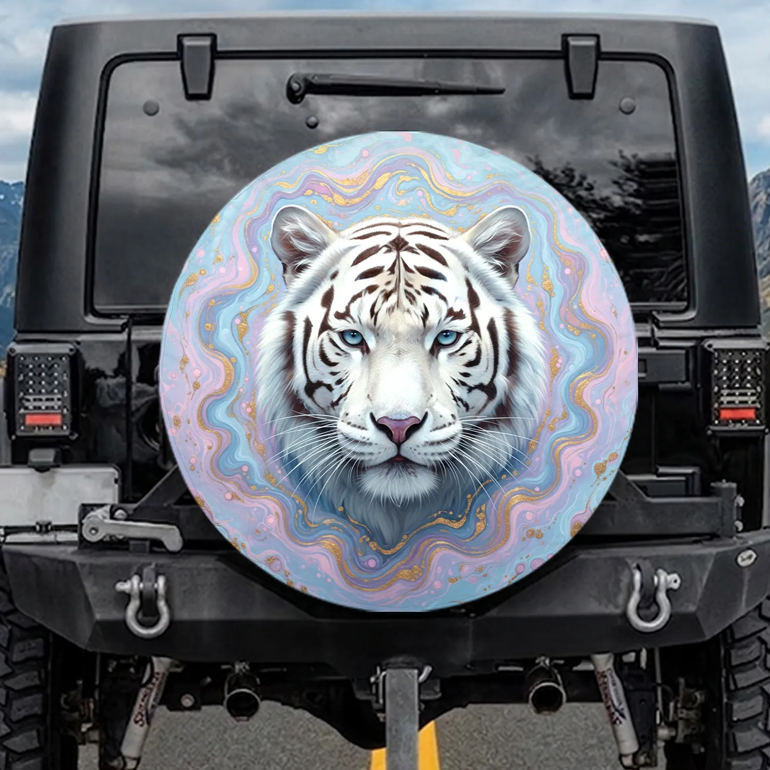 Magnificent White Tiger Head with Piercing Blue Eyes, Swirling Marbled Liquid - Wildlife Lover Gift Spare Tire Cover - 1