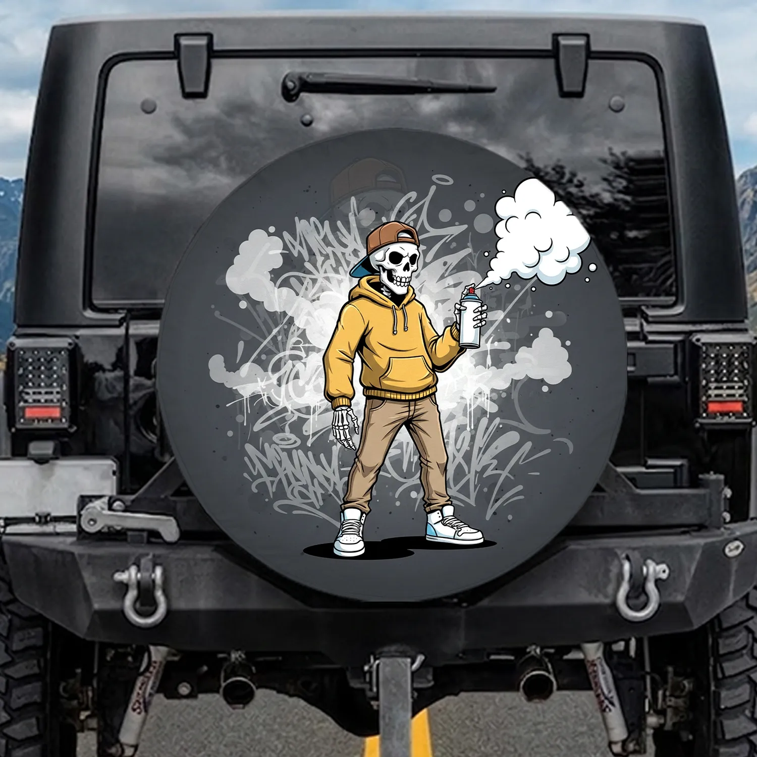 Mustard Hoodie Skeleton Spray Can Graffiti - Urban Decor Gift Spare Tire Cover - 1