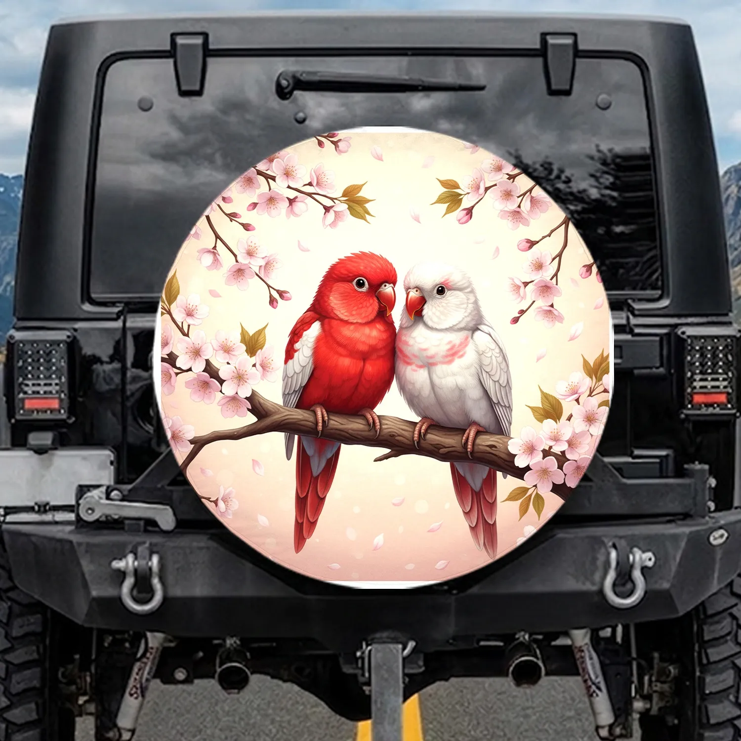 Red Kakariki Parrots Sakura Blossoms - Spring Morning Wildlife Lover Gift Spare Tire Cover - 1