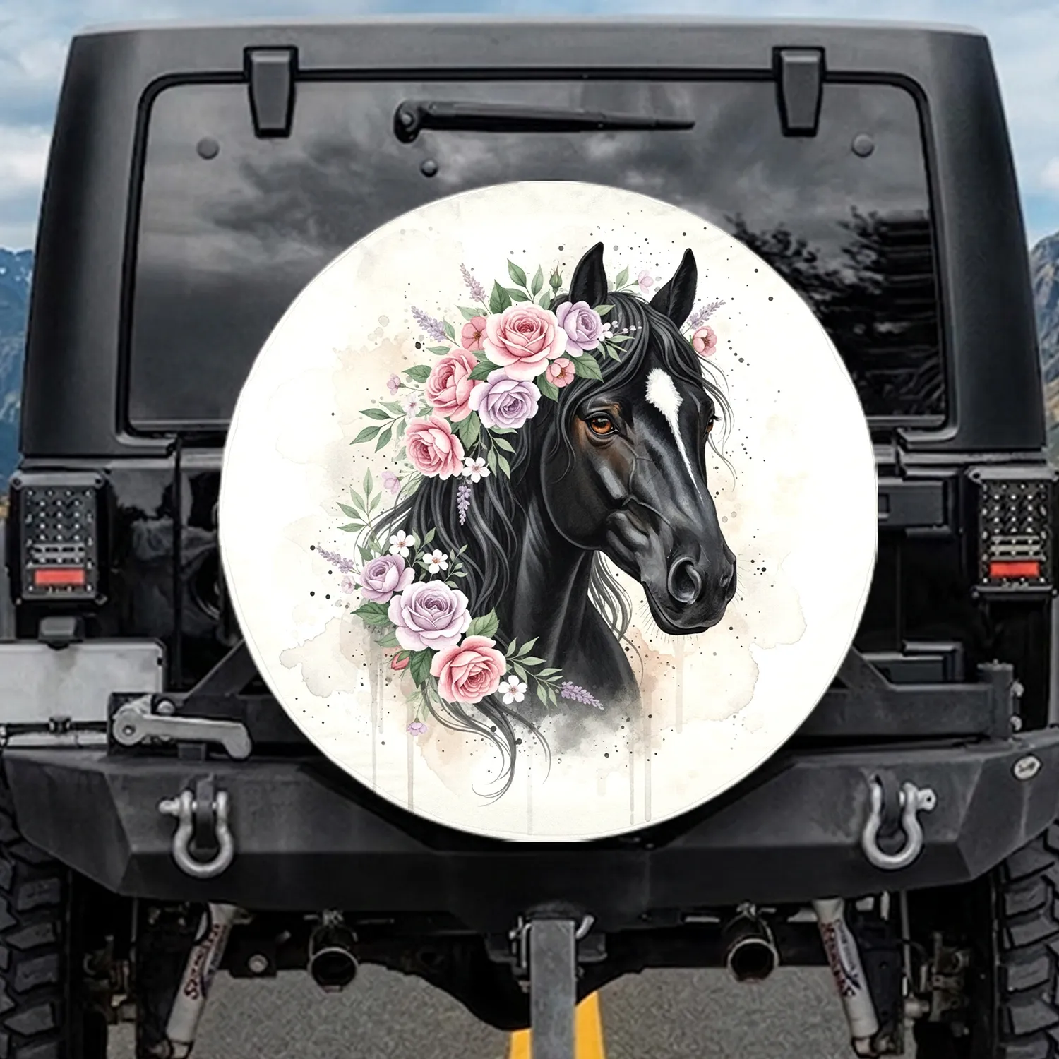 Black Horse Floral Crown Welcome Farmhouse Home Decor Gift for Horse Lover Spare Tire Cover - 1