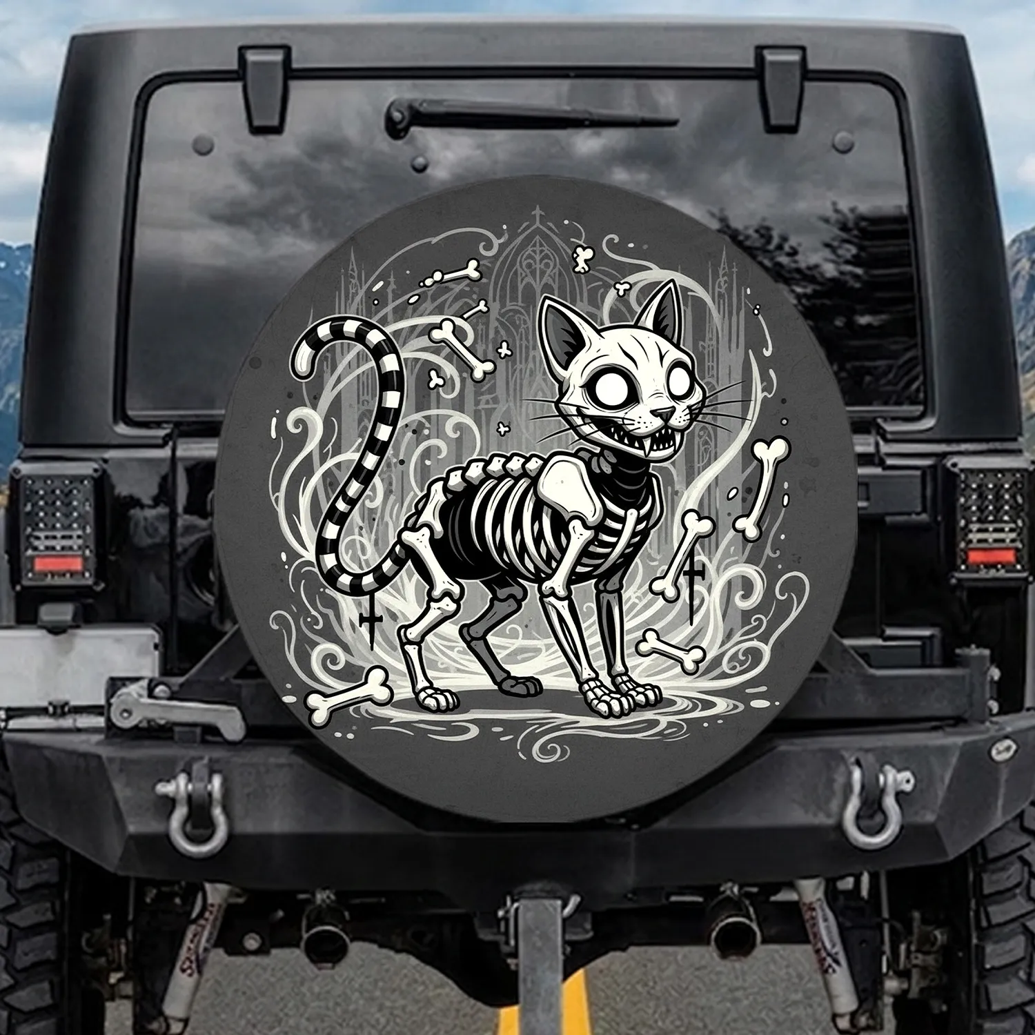 Skeleton Cat Bold Stripe Tail - Gothic Bone Home Decor for Cat Lover Spare Tire Cover - 1