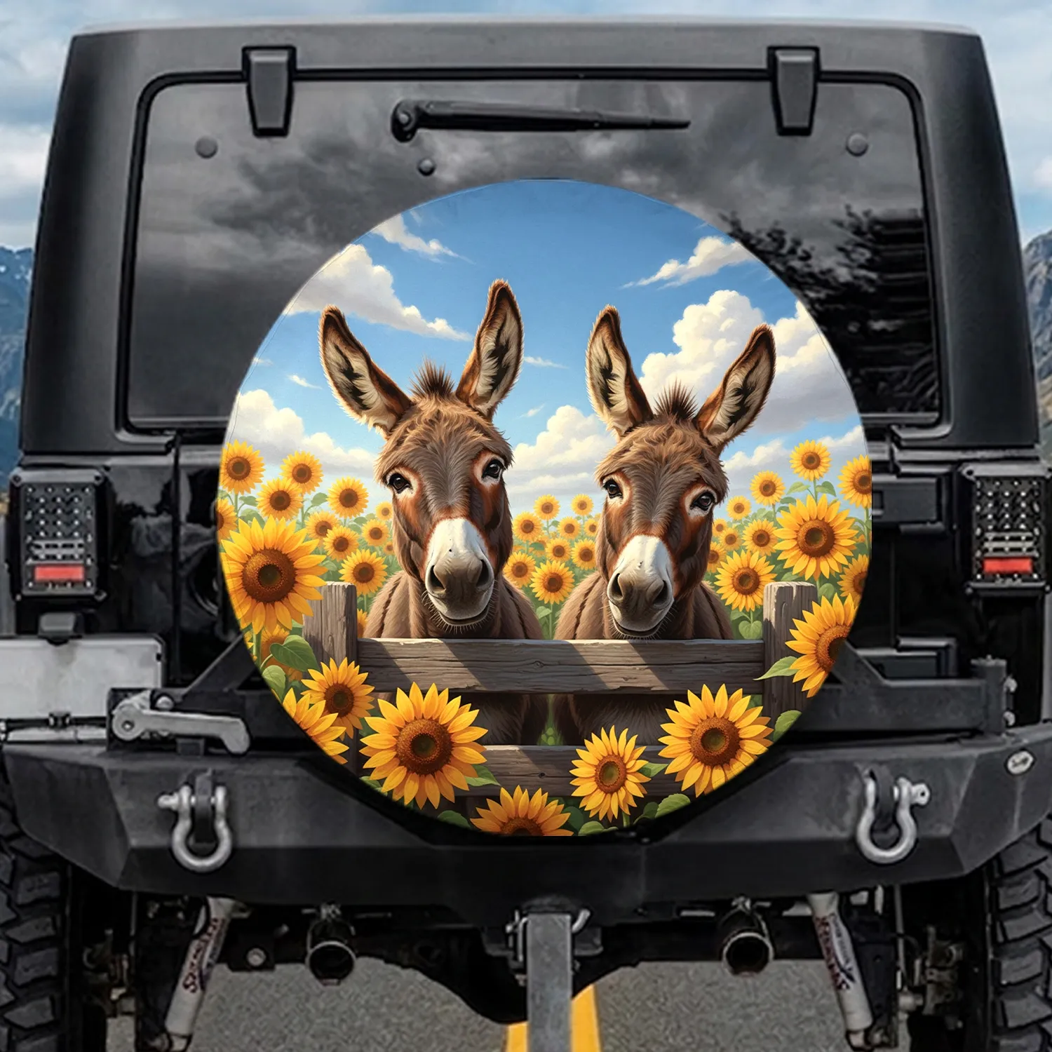 Burros Sunflowers Wooden Fence - Farmhouse Home Decor Gift for Animal Lover Spare Tire Cover - 1