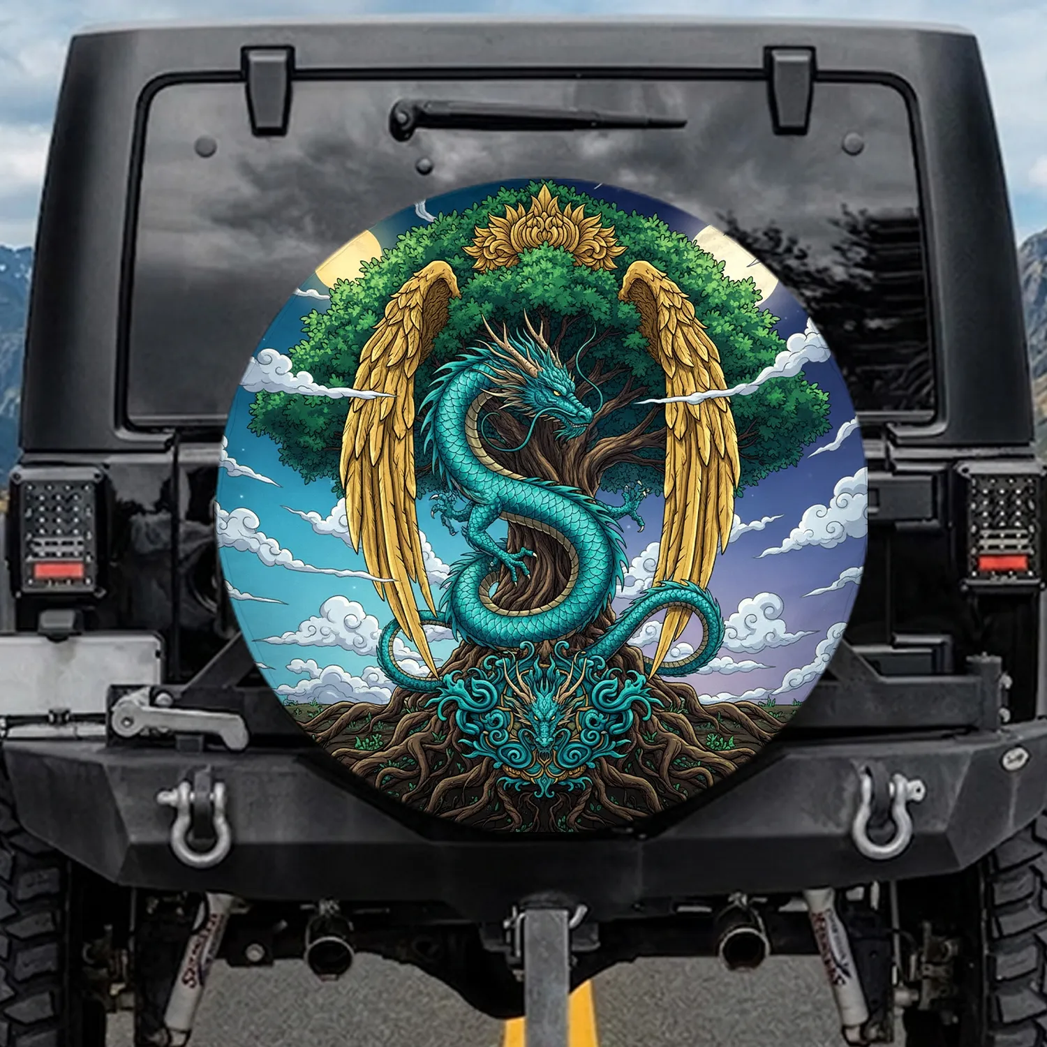 Eastern Dragon Ancient Tree Celestial Day Night - Outdoor Accessory Gift for Dragon Lover Spare Tire Cover - 1