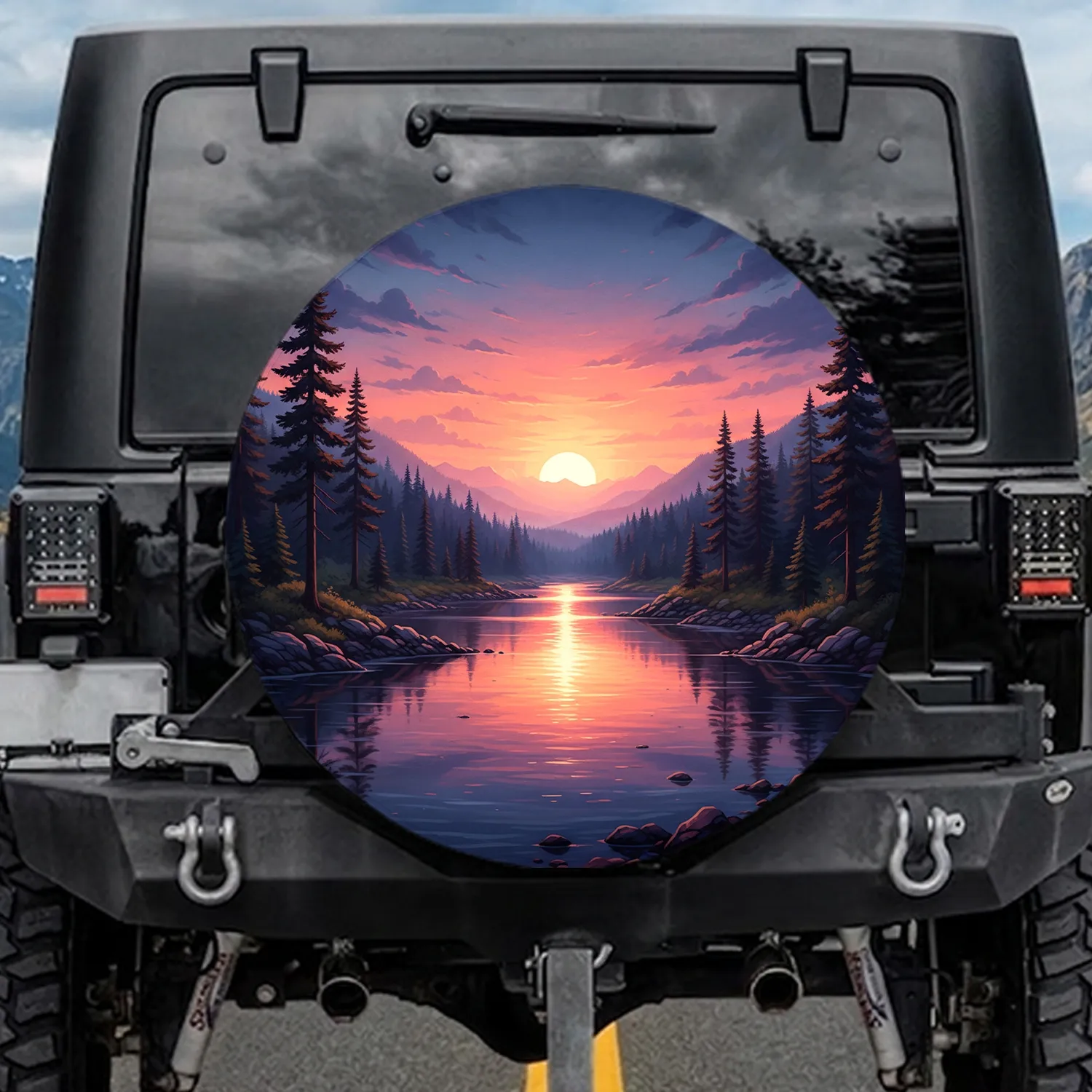 Calm River Pine Forest Mountain Sunset - Travel Essentials Gift for Nature Lover Spare Tire Cover - 1