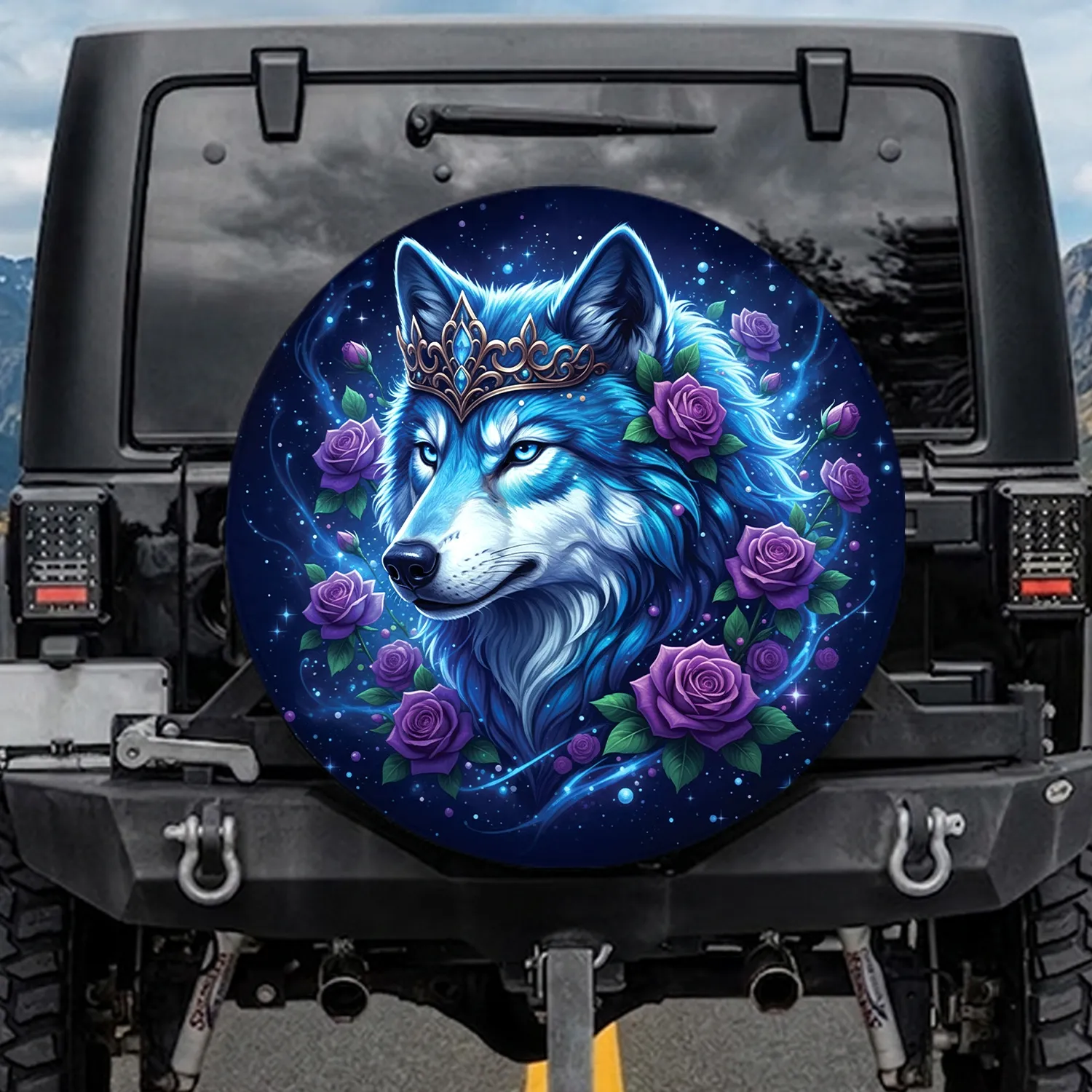 Wolf Gold Crown Purple Roses Celestial Sky - Wildlife Lover Gift Spare Tire Cover - 1