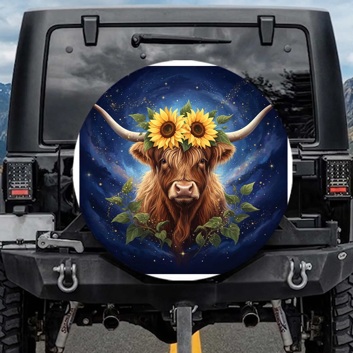 Highland Cow Sunflowers Celestial Sky - Farmhouse Home Decor Gift for Cow Lover Spare Tire Cover - 1